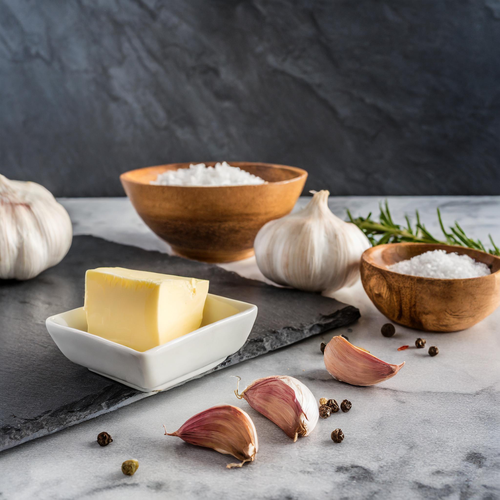 Ein Stück Butter in einer kleinen weißen Schale auf einer schwarzen Schieferplatte. Drumherum liegen Knoblauchknollen und -zehen, Pfefferkörner und frischer Rosmarin. Im Hintergrund stehen zwei Holzschalen mit grobem Meersalz, alles arrangiert auf einer rustikalen, weiß gefliesten Oberfläche vor einer schwarzen, strukturierten Schieferwand.