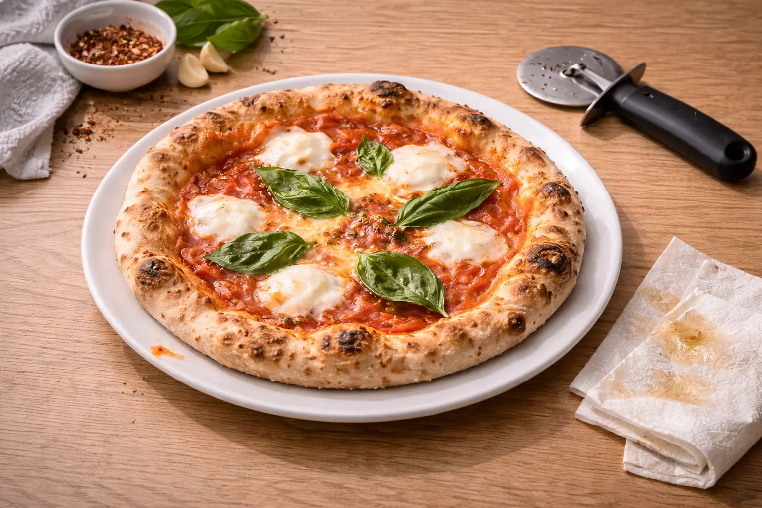 Frische Pizza Margherita mit geschmolzenem Mozzarella und Basilikum auf knusprigem Rand auf Holztisch