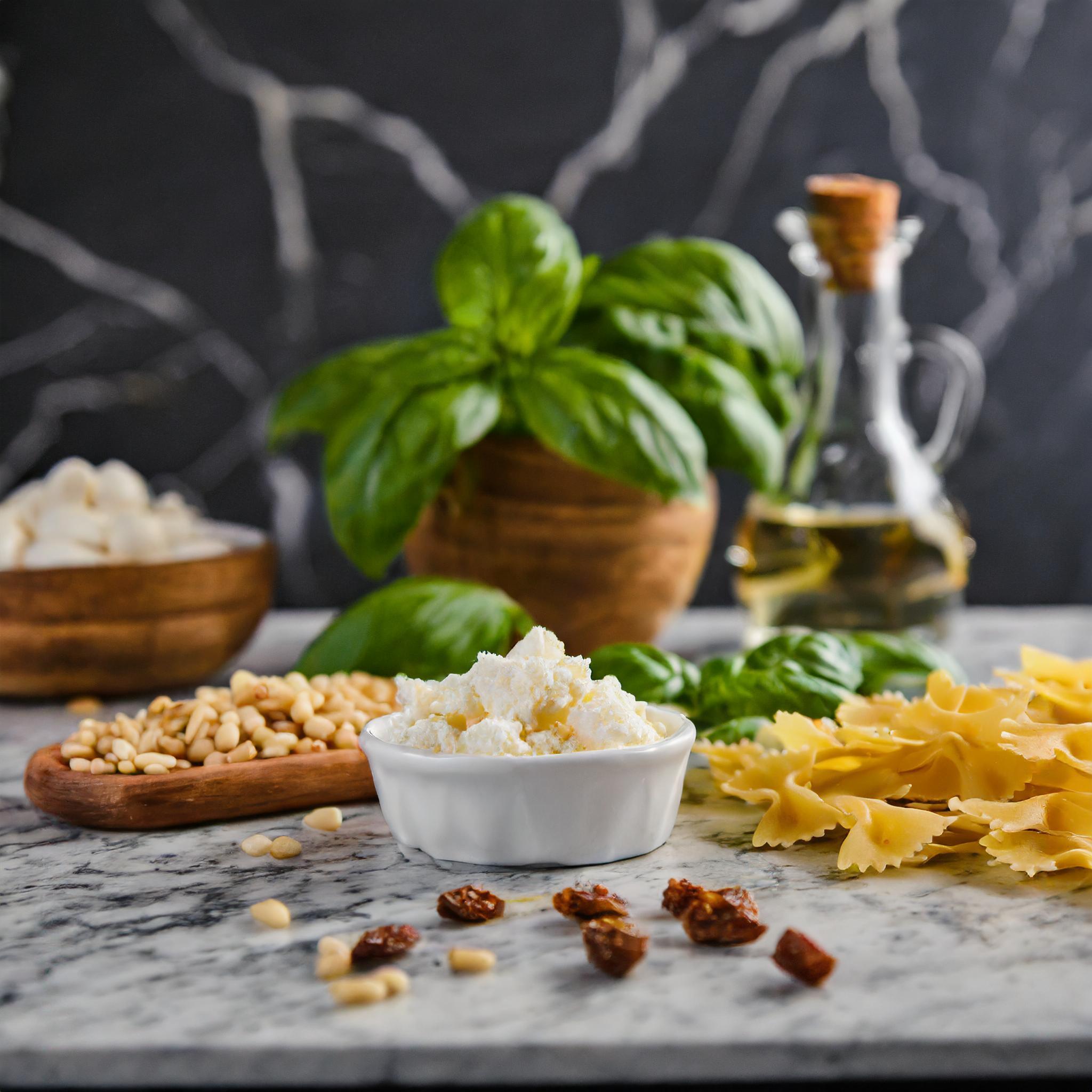 Eine Auswahl von Zutaten für ein Rezept: eine Schale Feta, getrocknete Tomaten, Pinienkerne, Farfalle-Nudeln, frischer Basilikum und eine Flasche Olivenöl. Im Hintergrund ist ein Topf mit Basilikum zu sehen, alles arrangiert auf einer Marmoroberfläche vor einem dunklen, marmorierten Hintergrund.