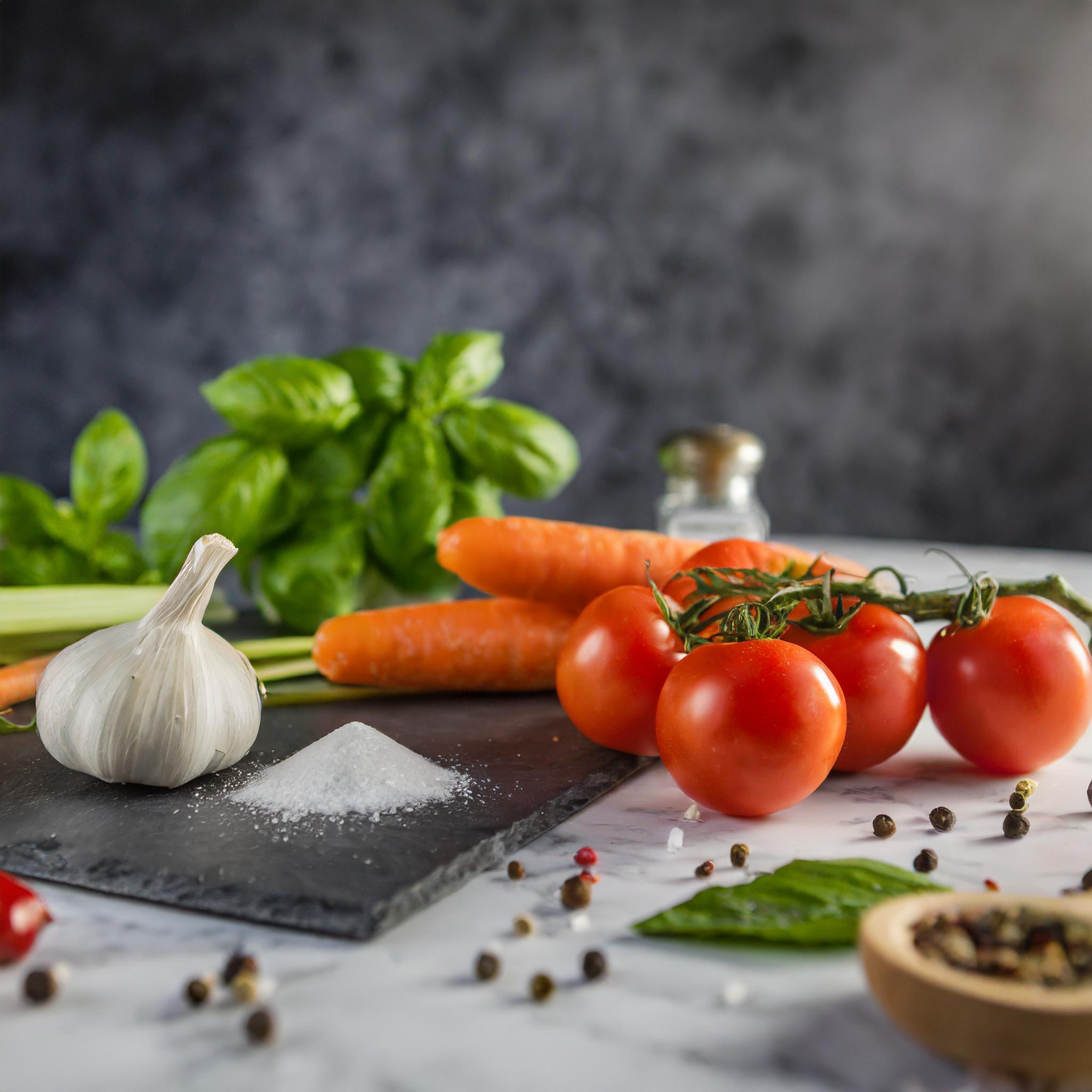 Eine Auswahl von frischen Zutaten: Tomaten an der Ranke, Karotten, eine Knoblauchknolle, ein Haufen Salz, frischer Basilikum und bunter Pfeffer auf einer Marmoroberfläche, arrangiert vor einem dunklen, strukturierten Hintergrund.