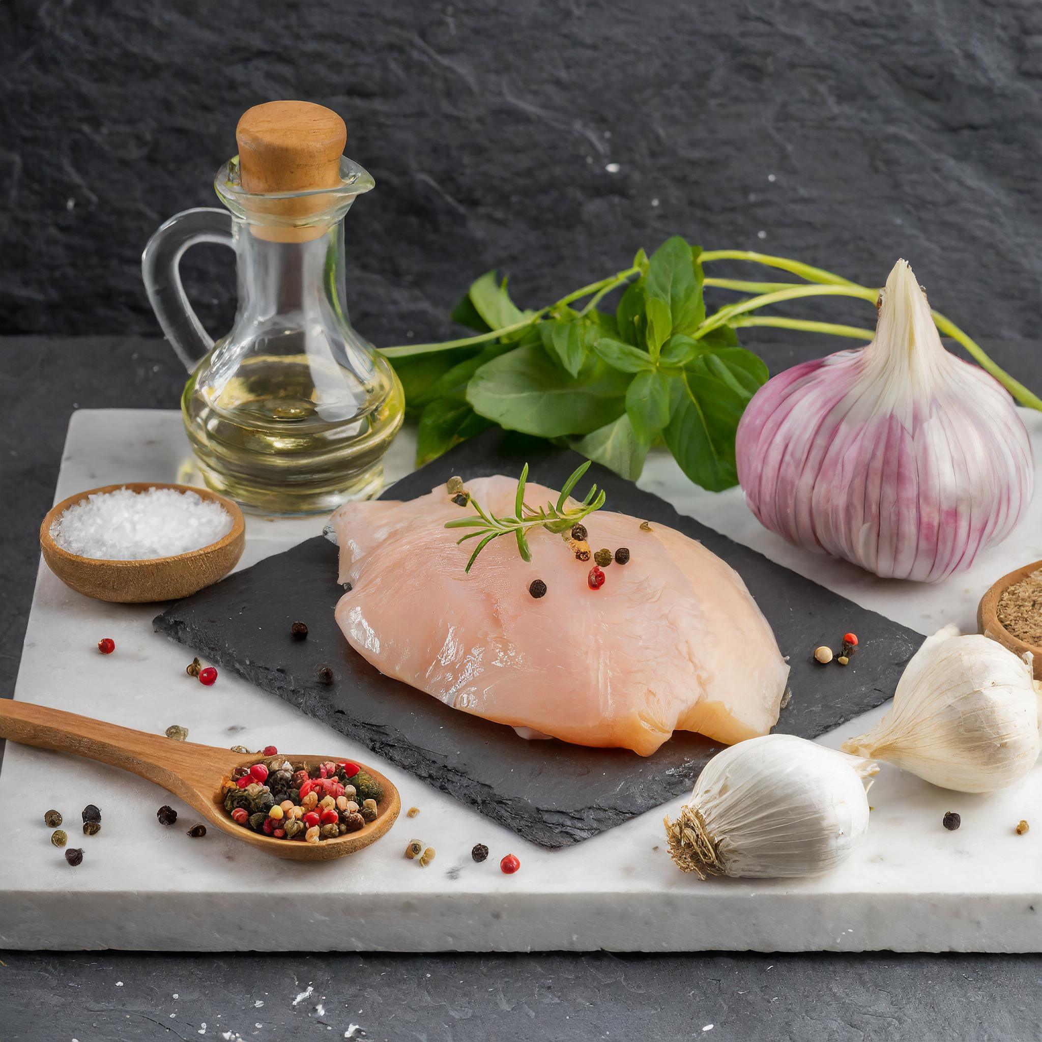 Nahaufnahme einer rustikalen weißen Granitplatte mit einer rohen Hähnchenbrust auf einem Schieferbrett, umgeben von Knoblauch, Rosmarin, Pfefferkörnern, Salz und Olivenöl.