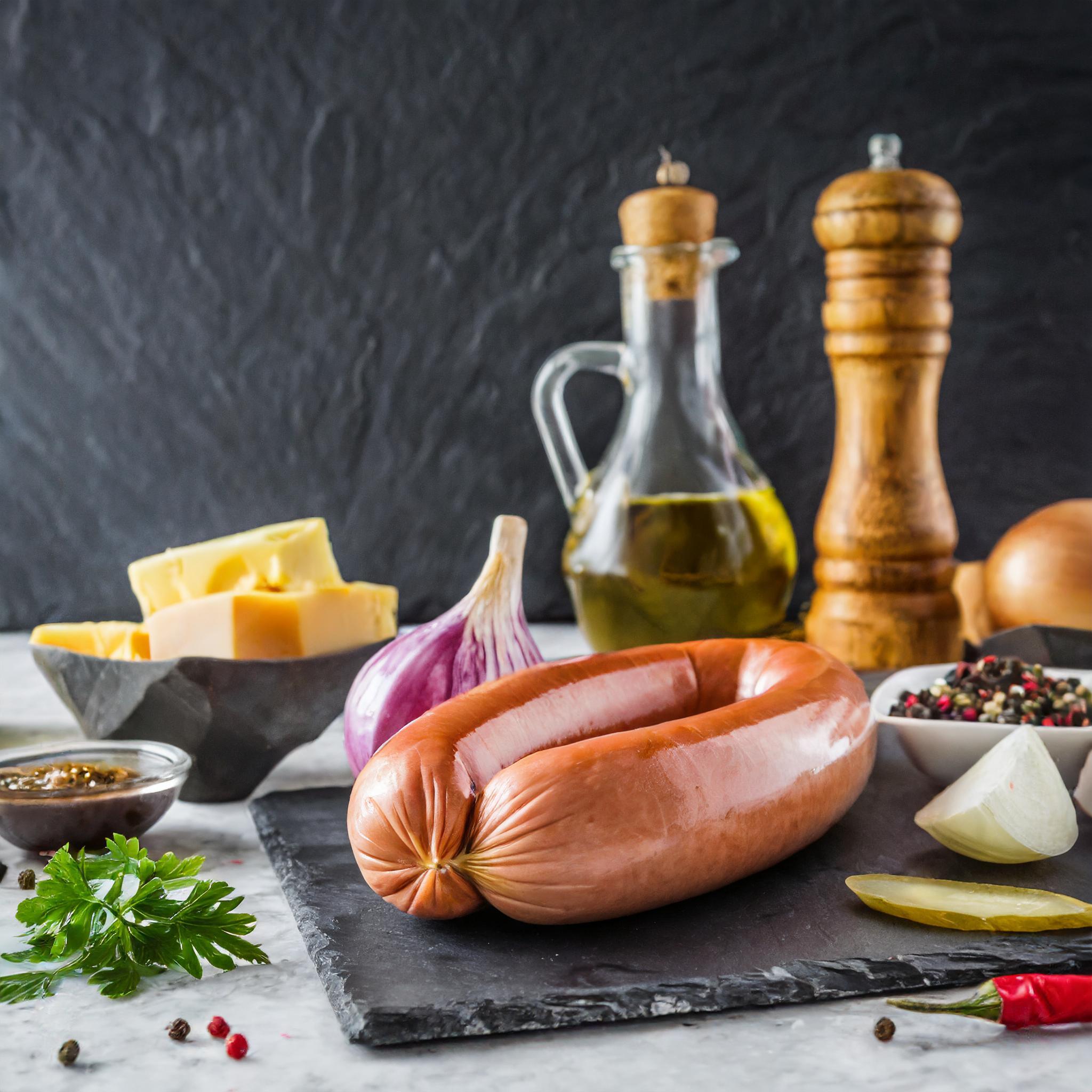 Ein Arrangement von Zutaten für ein rustikales Gericht auf einem schwarzen Schieferbrett. Im Mittelpunkt stehen zwei Würstchen. Umgeben sind sie von roten Zwiebeln, geschnittenen Zwiebelstücken, eingelegten Gurkenscheiben, Käsewürfeln, einer Schale mit Pfefferkörnern, frischem Petersilienblatt, einer Pfeffermühle, einer Flasche Olivenöl und einem Schälchen mit Senf. Alles ist vor einem dunklen, strukturierten Hintergrund arrangiert.