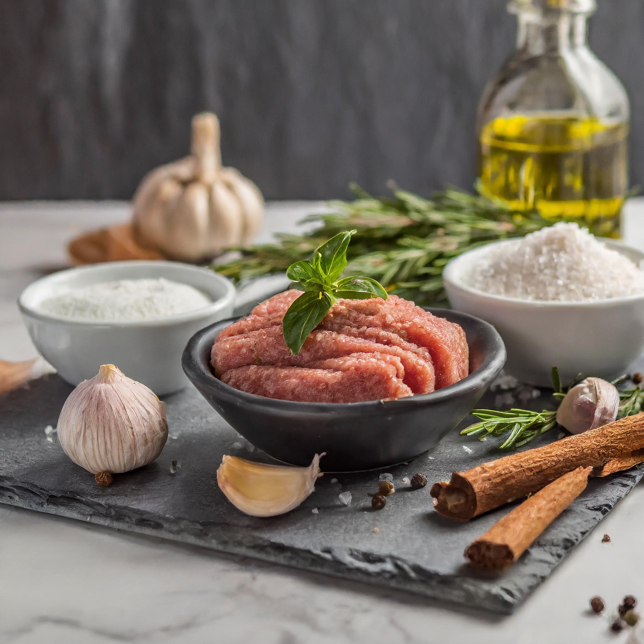 Eine Auswahl von Zutaten für ein Rezept: eine Schüssel rohes Hackfleisch, garniert mit einem Basilikumblatt, Knoblauchknollen, Schalen mit Mehl und Salz, Zimtstangen, Rosmarinzweige und eine Flasche Olivenöl, arrangiert auf einer Schieferplatte vor einem dunklen Hintergrund.