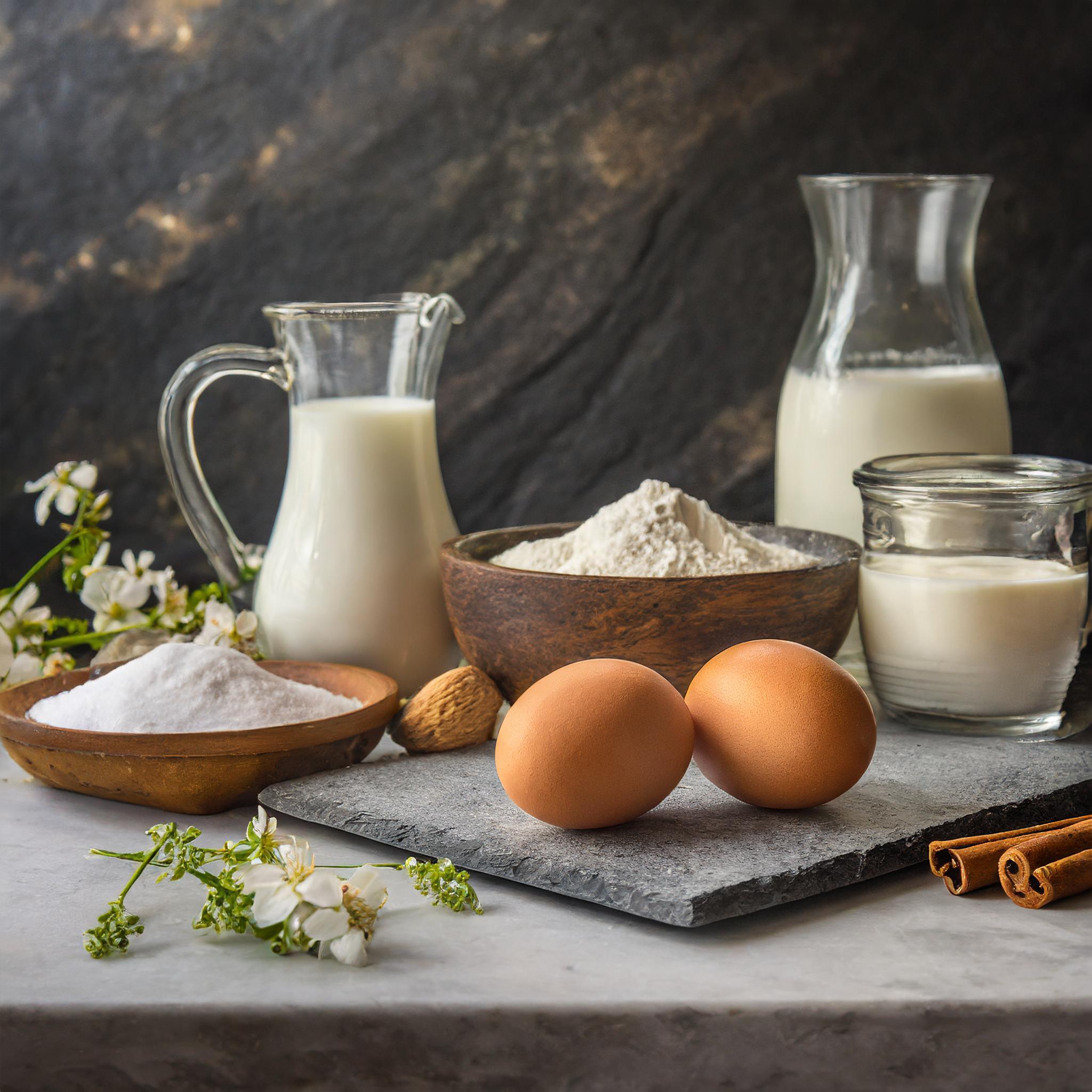 Eine Auswahl von Backzutaten: ein Krug und ein Glas Milch, eine Schüssel Mehl, zwei Eier, eine Schale Zucker, Zimtstangen und frische Blumen, arrangiert auf einer Marmoroberfläche vor einem dunklen, strukturierten Hintergrund.