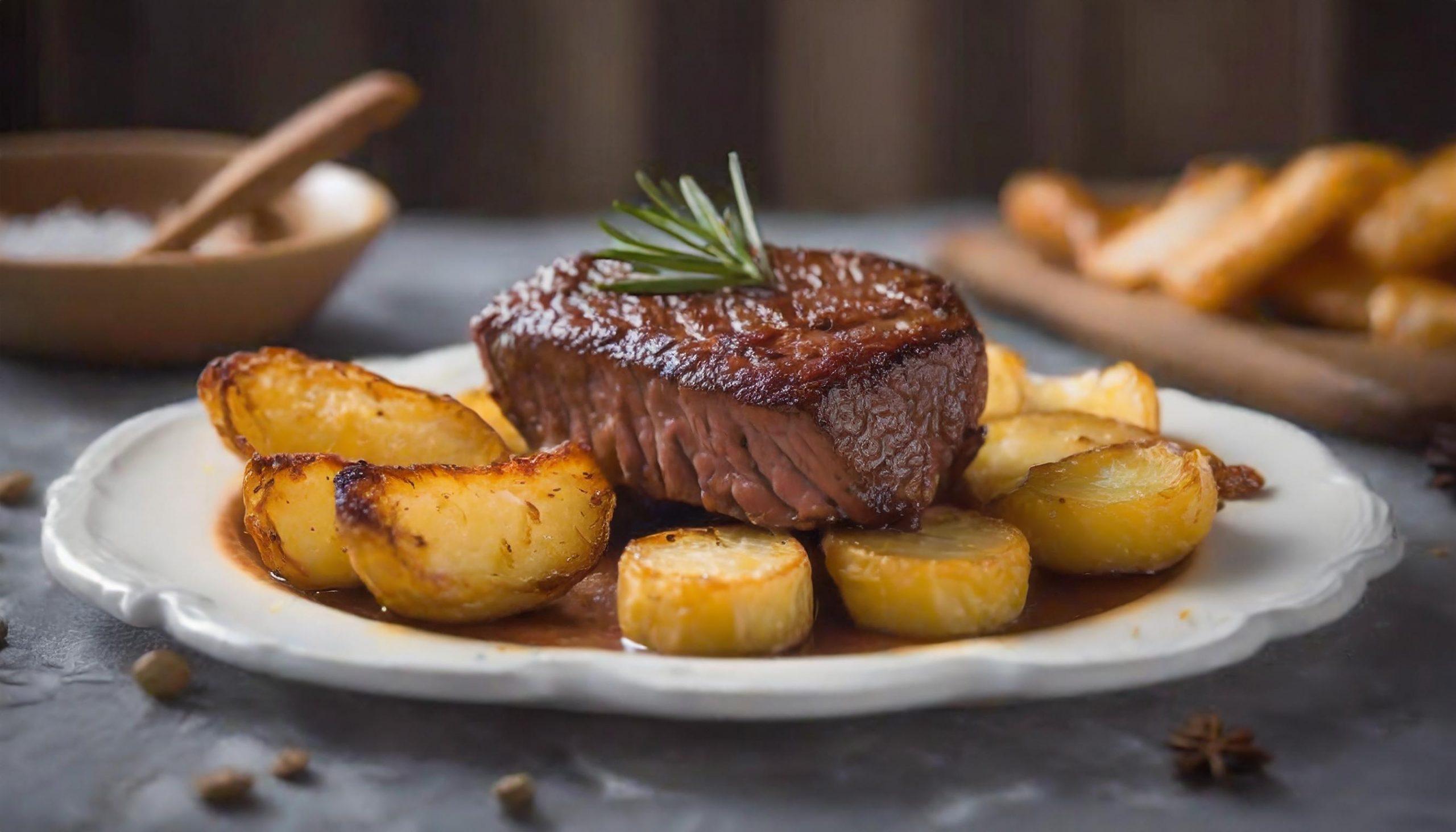 Ein Teller mit einem saftigen Steak, garniert mit einem Rosmarinzweig, und umgeben von gerösteten Kartoffeln. Im Hintergrund sind ein Salzschälchen und ein weiteres Gericht mit Kartoffelspalten zu sehen, alles arrangiert auf einem dunklen, strukturierten Hintergrund.