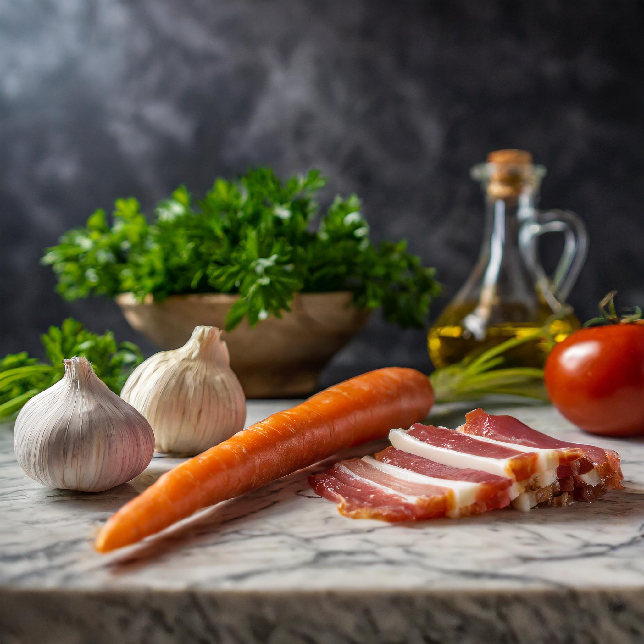 Eine Auswahl an Zutaten für ein Rezept: eine Karotte, zwei Knoblauchknollen, Scheiben Speck, eine Tomate, ein Bund frische Petersilie in einer Schale und eine Flasche Olivenöl, arrangiert auf einer Marmoroberfläche vor einem dunklen, strukturierten Hintergrund.