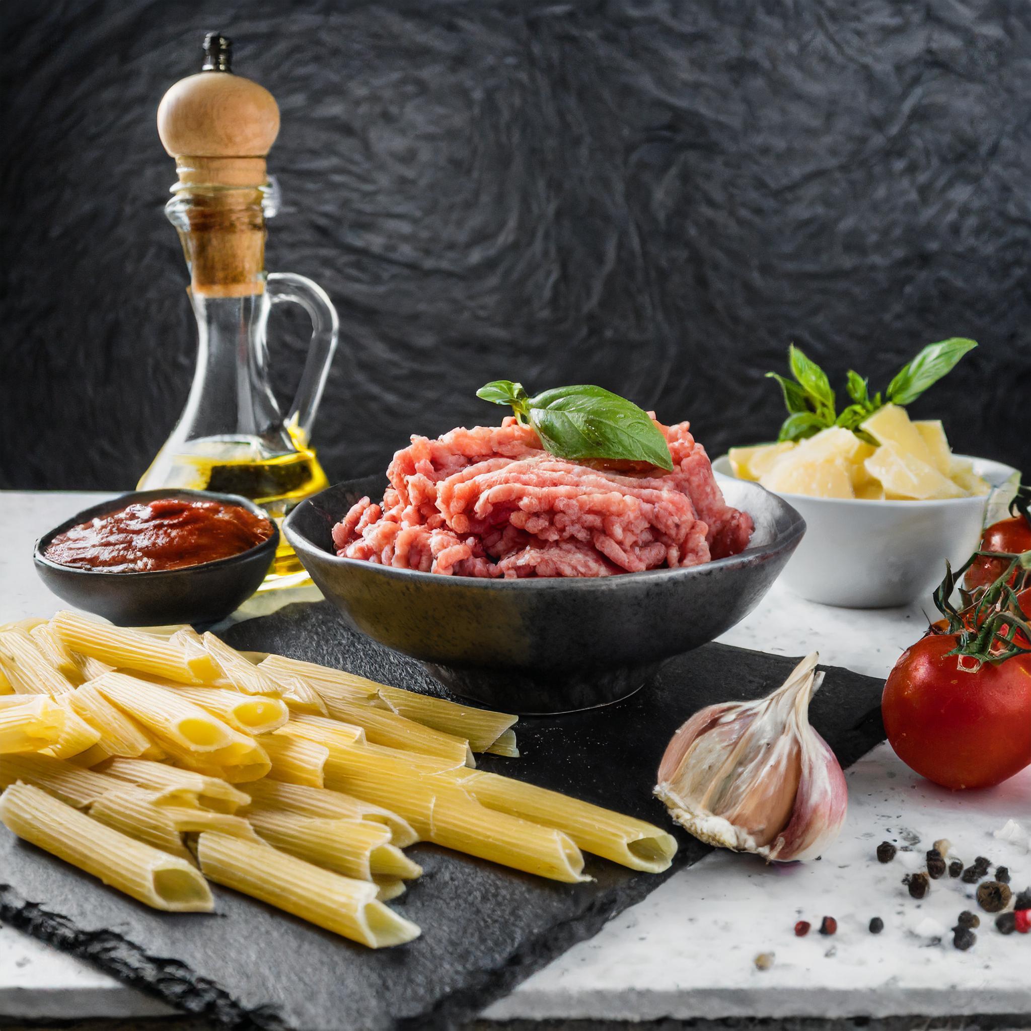 Zutaten für ein Pastagericht: rohes Hackfleisch in einer Schale, ungekochte Penne-Nudeln, eine Schale mit Tomatensauce, ein Knoblauchknolle, Tomaten, ein Stück Parmesan, Basilikum, Pfefferkörner und eine Flasche Olivenöl, arrangiert auf einer schwarzen Schieferplatte vor einem dunklen, strukturierten Hintergrund.