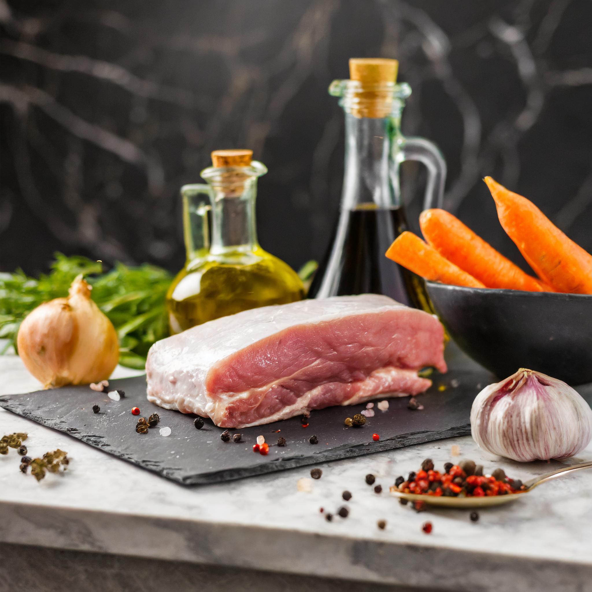 Eine Nahaufnahme von rohem Schweinefleisch auf einer Schieferplatte, umgeben von Karotten, Zwiebel, Knoblauch, Pfefferkörnern, Olivenöl und Balsamico-Essigflaschen vor einem dunklen, texturierten Hintergrund.