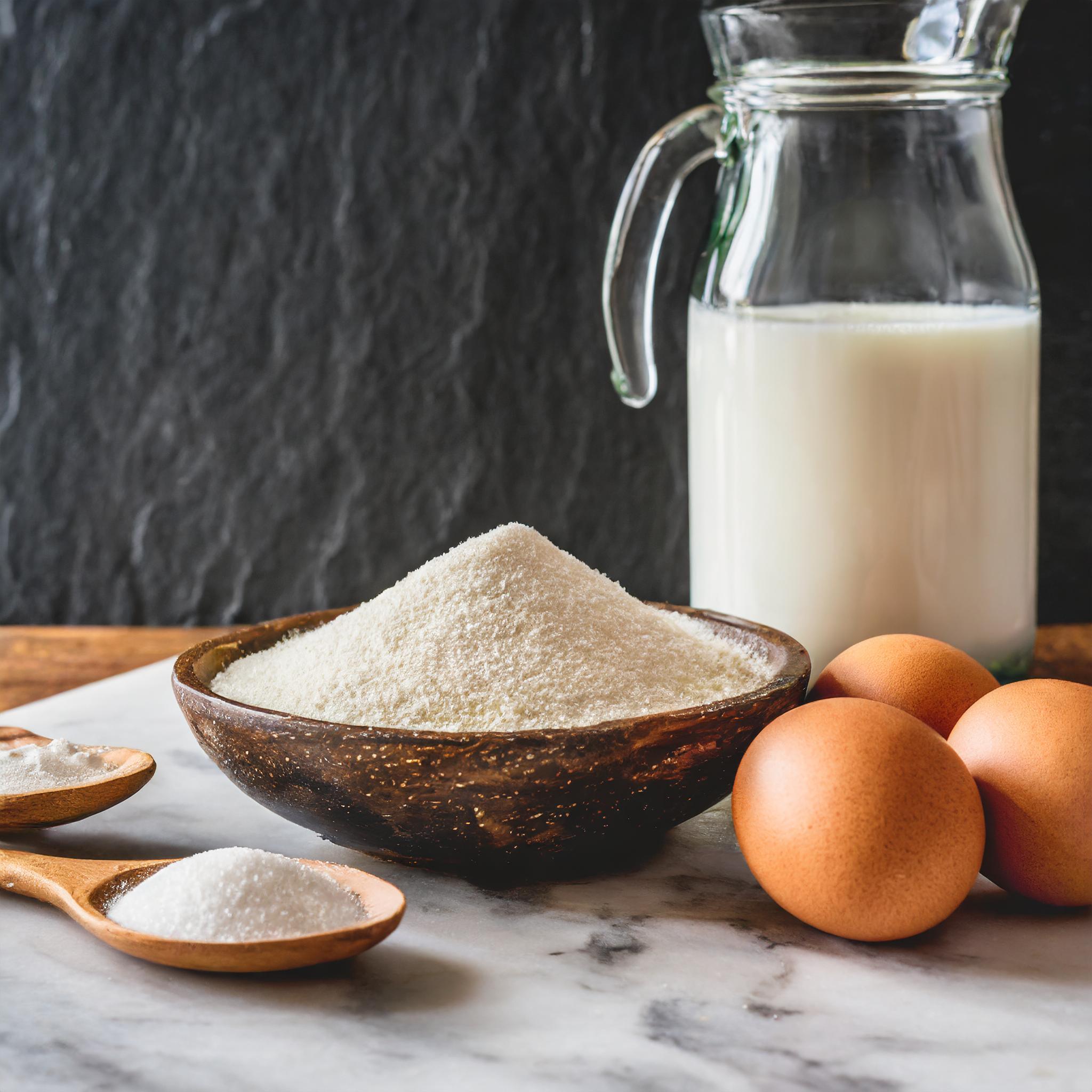 Eine Nahaufnahme eines rustikalen Tisches mit einer Holzschale voller Grieß, einem Krug Milch, drei Eiern und zwei Holzlöffeln mit Zucker, vor einem schwarzen, texturierten Schieferhintergrund.