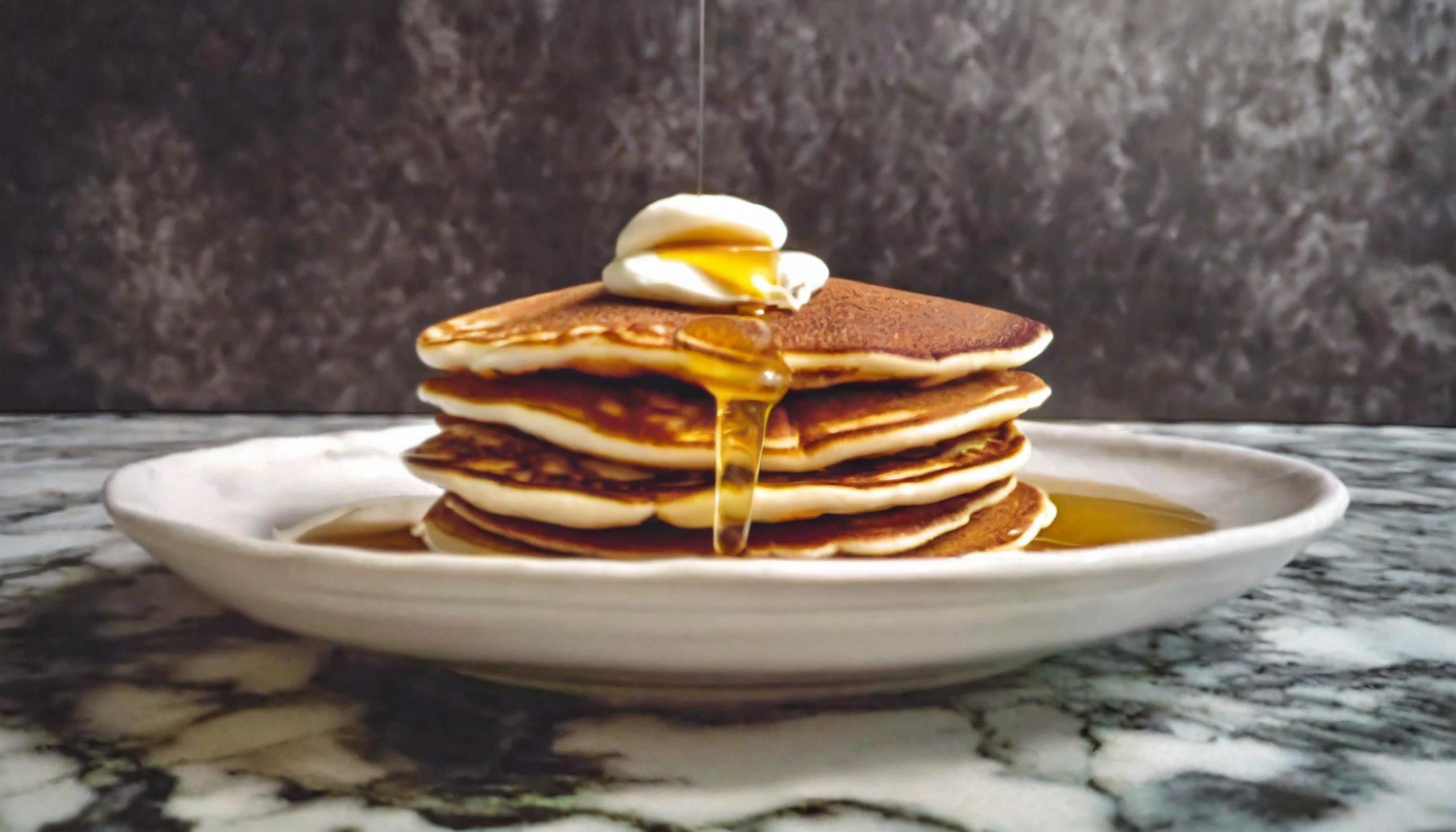 Nahaufnahme eines rustikalen weißen Granittischs vor einem schwarzen, strukturierten Schieferhintergrund, auf dem ein Stapel American Pancakes mit frischen Beeren und Ahornsirup dekorativ arrangiert ist.