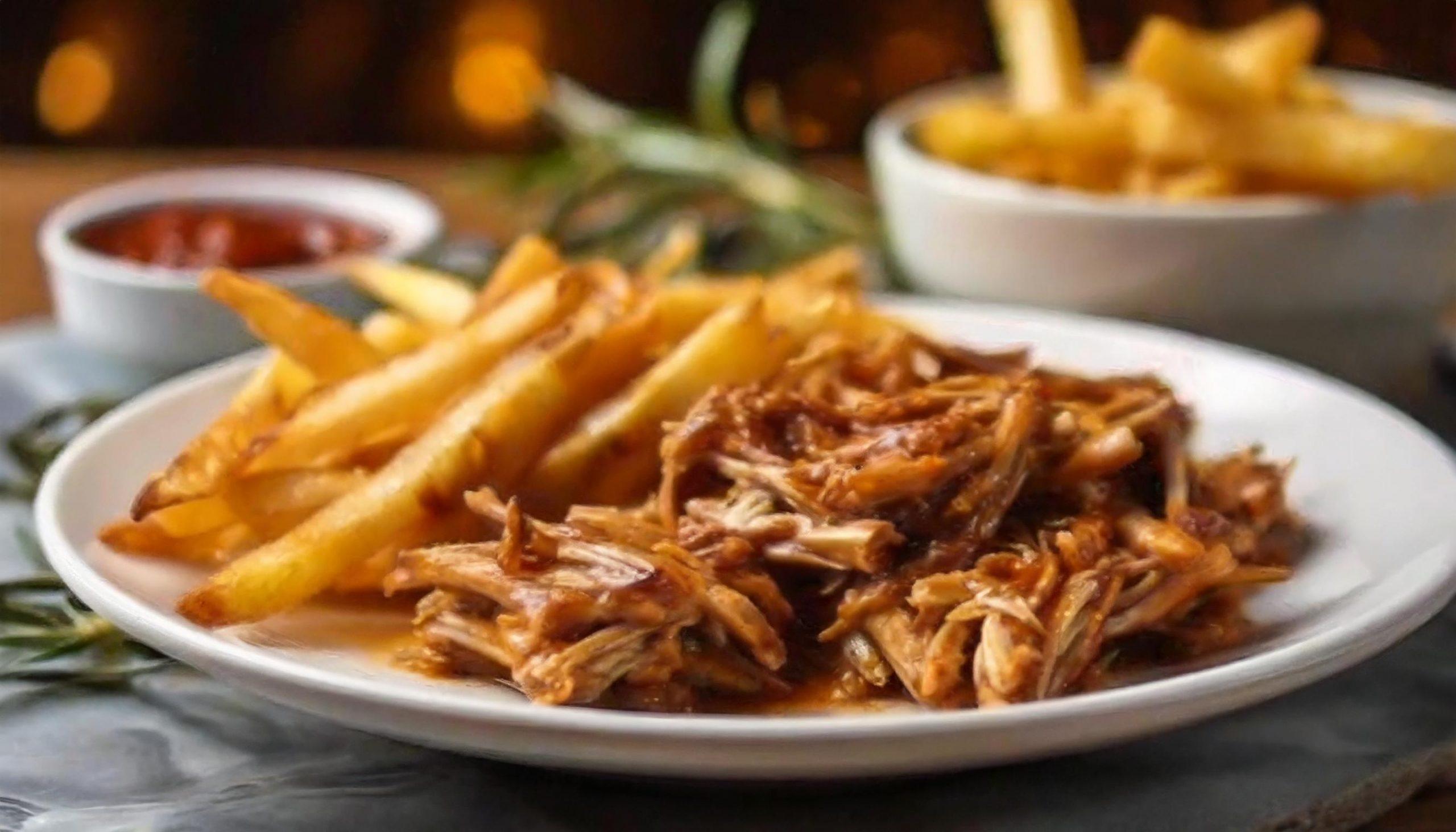 Nahaufnahme eines rustikalen weißen Granittischs vor einem schwarzen, strukturierten Schieferhintergrund, auf dem Pulled Pork mit Beilagen dekorativ arrangiert ist.