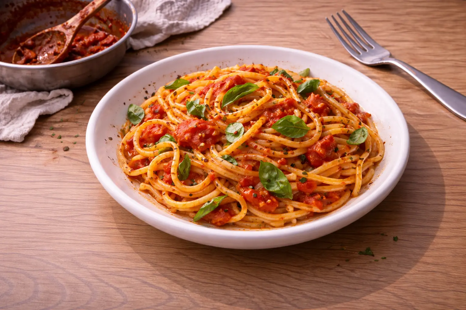 Spaghetti mit fruchtigem Basilikumsugo und frischen Kräutern auf Teller angerichtet