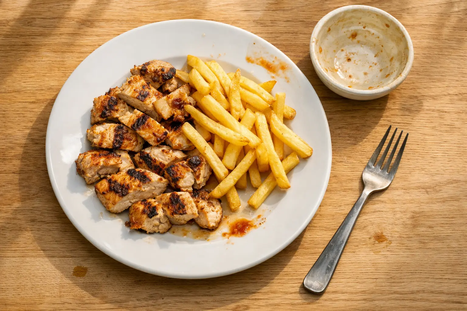 Gegrillte Hähnchenstücke mit Pommes frites auf einem weißen Teller, daneben eine kleine Schale und eine Gabel