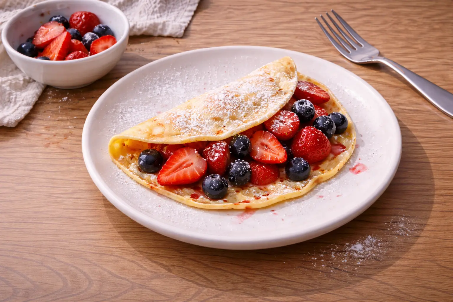 Gefüllter Crêpe mit Erdbeeren und Heidelbeeren, mit Puderzucker bestäubt, auf einem Teller