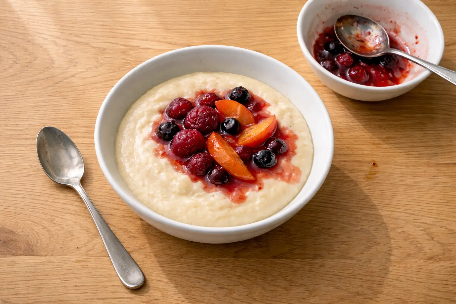 Schüssel mit Grießflammerie, garniert mit Beeren und Fruchtstücken, auf einem Holztisch, daneben ein Löffel und eine kleine Schale