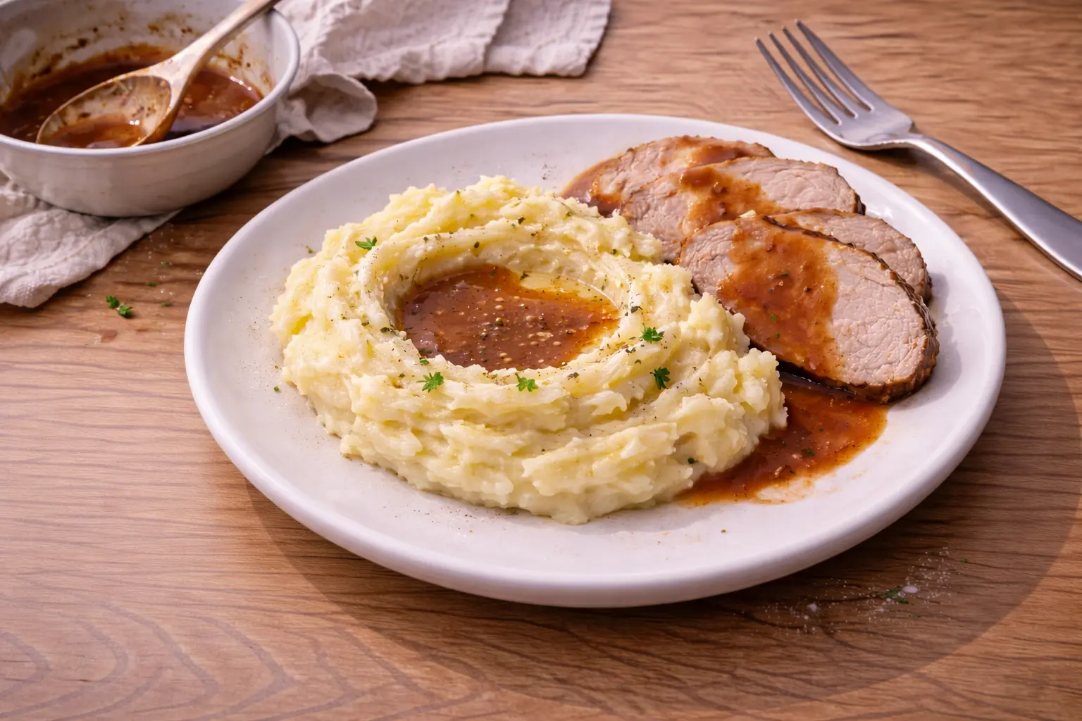 Kartoffelpüree mit Bratensoße und aufgeschnittenem Bratenfleisch auf einem weißen Teller