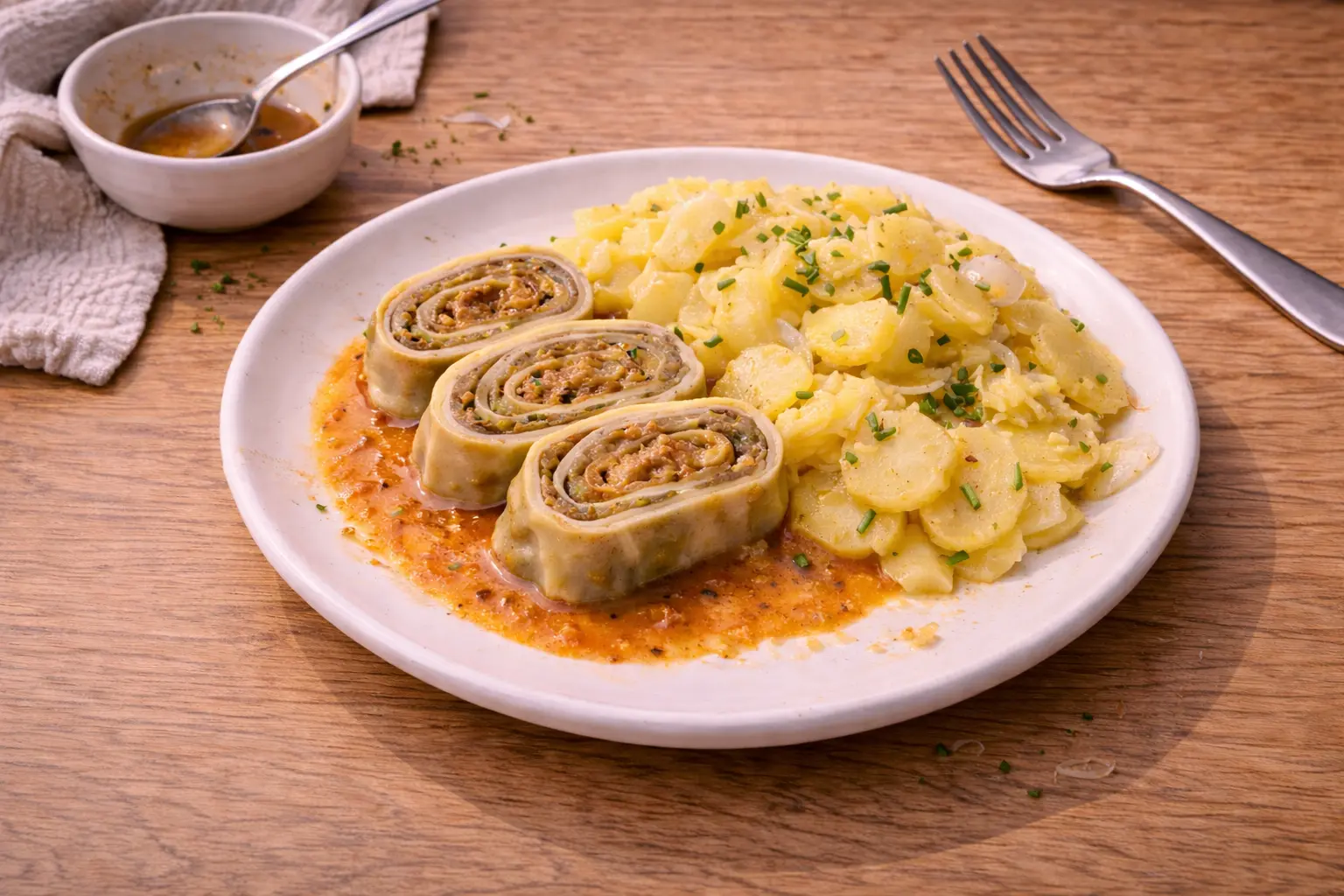 Maultaschen mit würziger Sauce und Kartoffelsalat auf Teller angerichtet