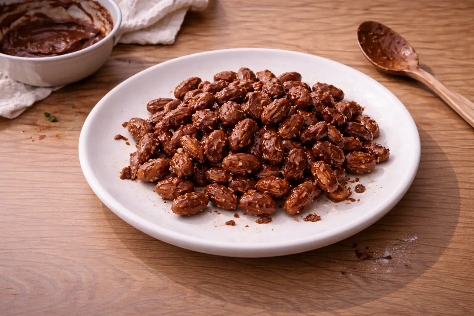 Geröstete Mandeln in karamellisierter Schokoladen- oder Gewürzglasur auf einem Teller
