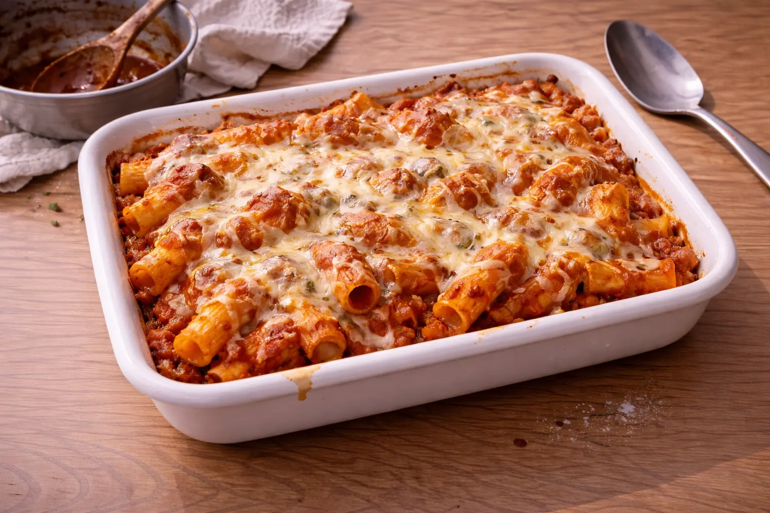 Überbackene Rigatoni mit Tomaten-Hackfleischsoße und geschmolzenem Käse in einer Auflaufform