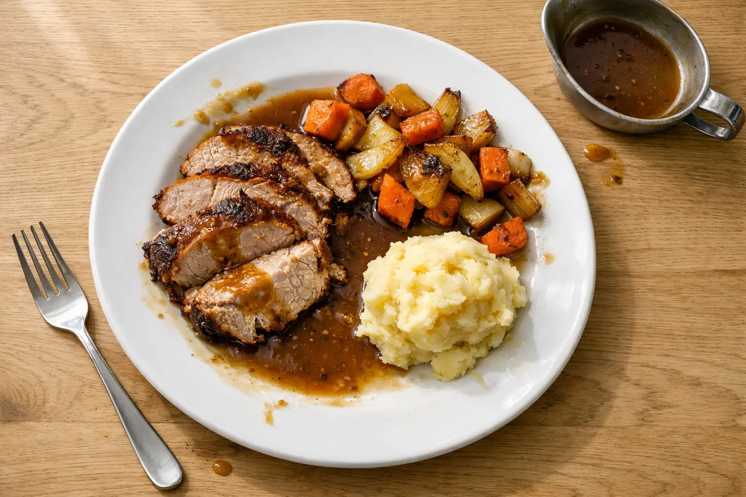 Aufgeschnittenes Bratenfleisch mit Bratensoße, Kartoffelpüree und gebratenem Gemüse auf einem weißen Teller