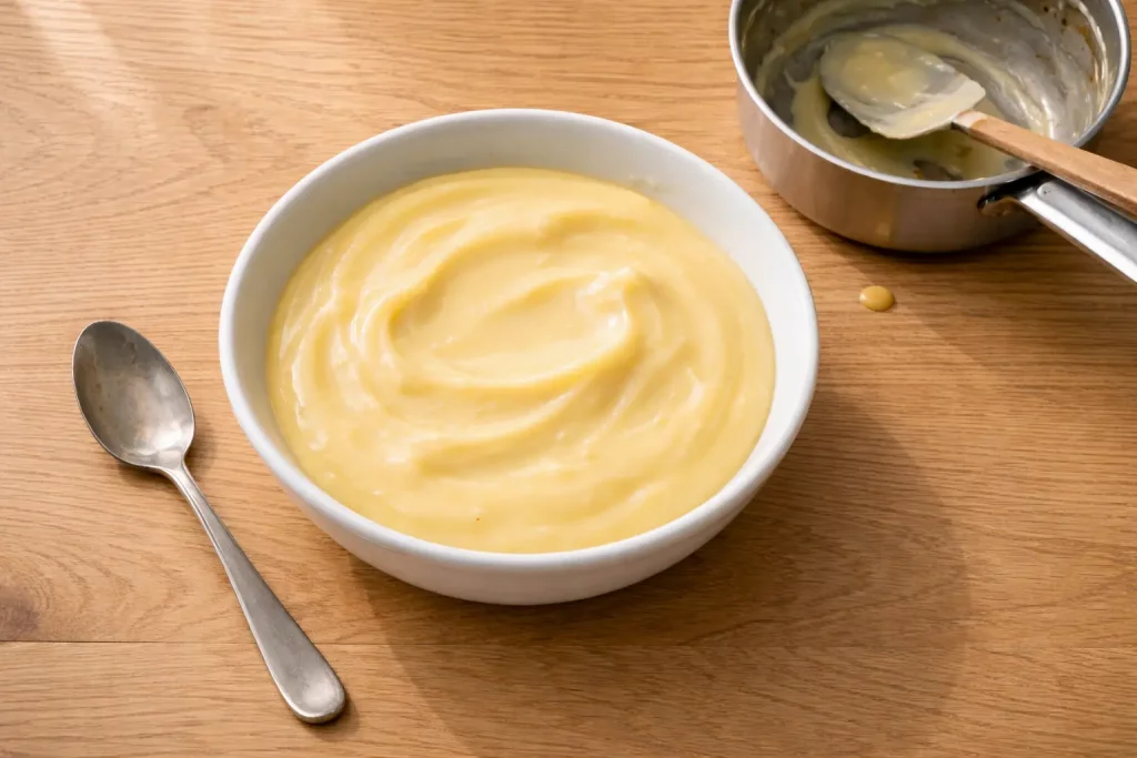 Schüssel mit cremiger Vanillepudding oder Dessertcreme auf einem Holztisch, daneben ein Löffel und ein Topf
