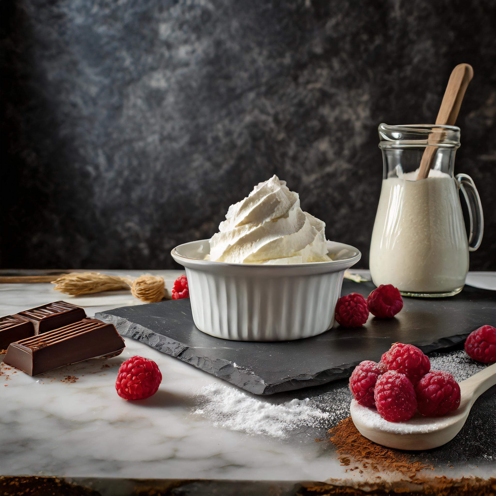 Nahaufnahme eines rustikalen weißen Granittischs vor einem schwarzen, strukturierten Schieferhintergrund, auf dem eine dekorativ arrangierte Pavlova mit frischen Beeren steht.