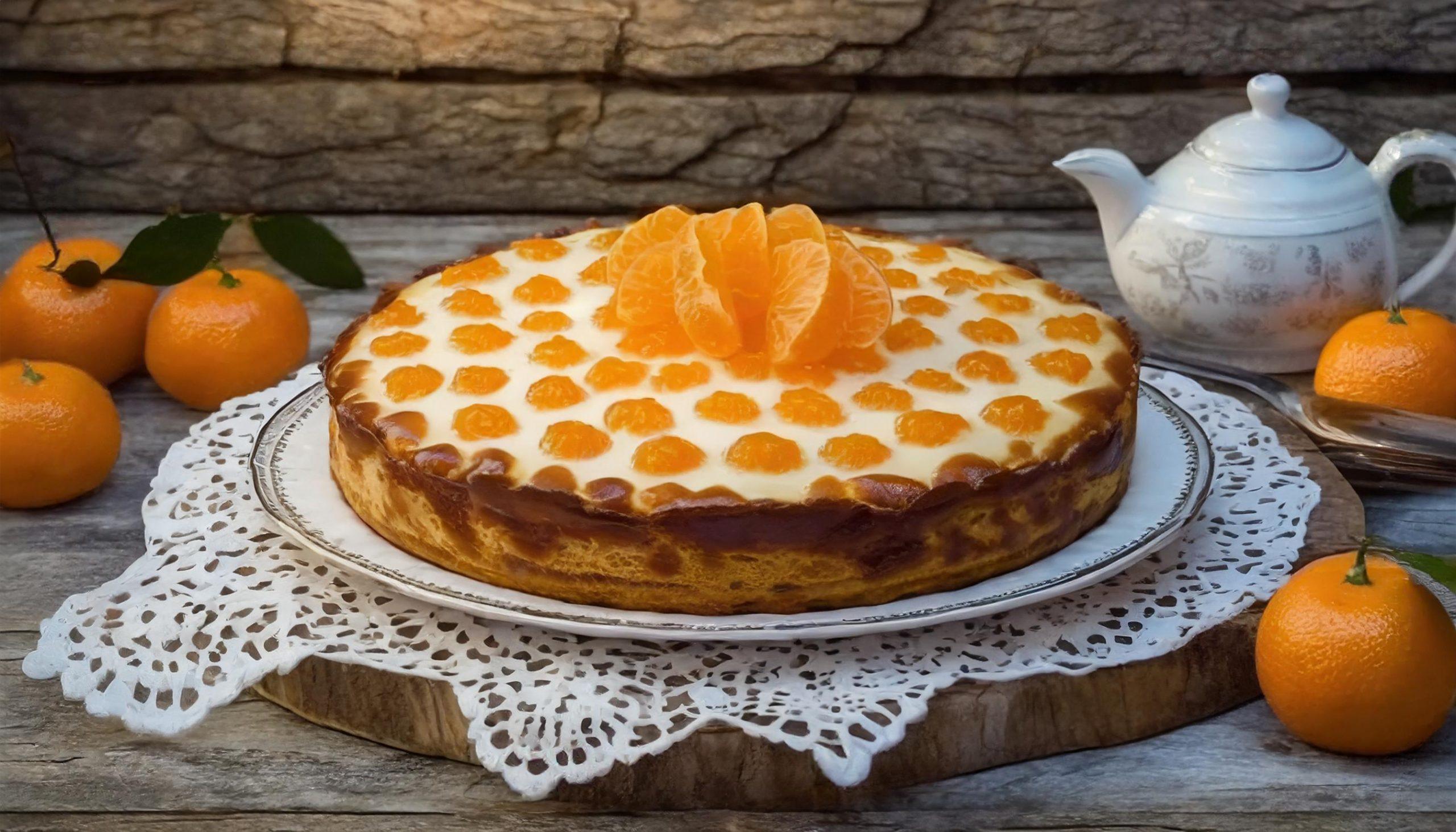Nahaufnahme eines rustikalen weißen Granittischs vor einem schwarzen, strukturierten Schieferhintergrund, auf dem ein Mandarinen-Schmand-Kuchen dekorativ arrangiert ist.