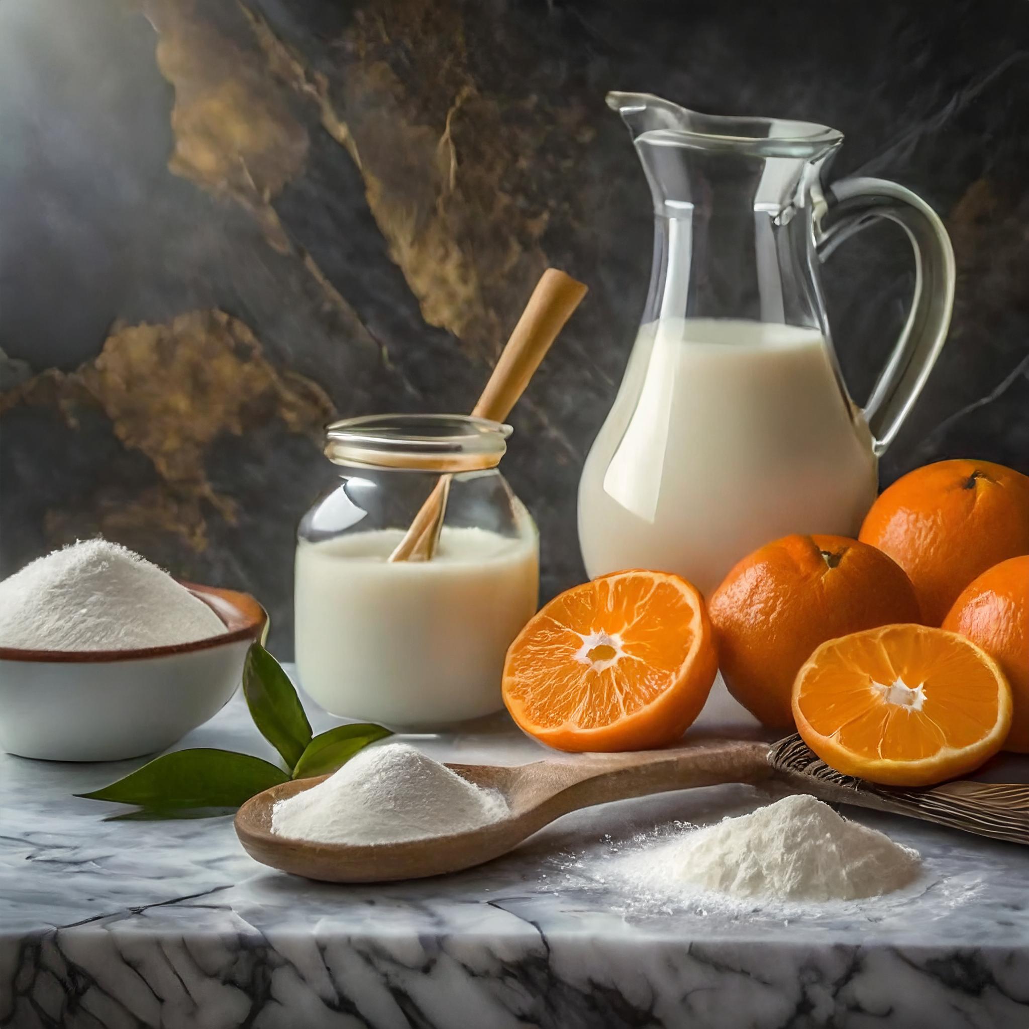 Nahaufnahme eines rustikalen weißen Granittischs vor einem schwarzen, strukturierten Schieferhintergrund, auf dem ein Mandarinen-Schmand-Kuchen dekorativ arrangiert ist.