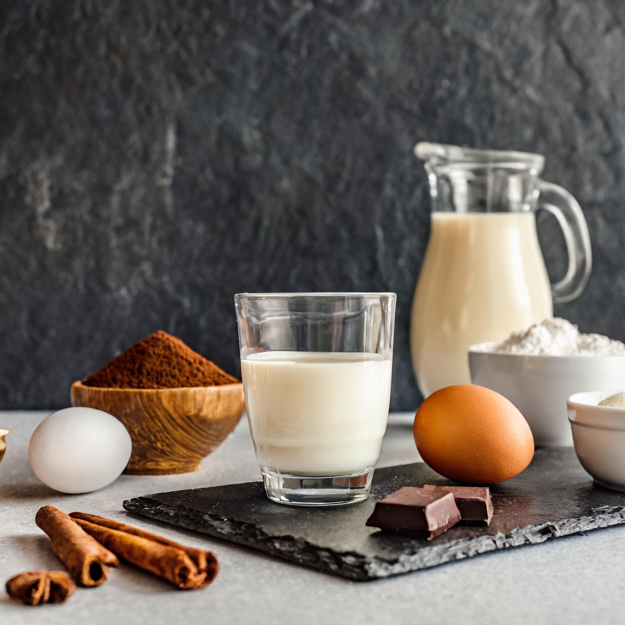 Frische Backzutaten auf einer weißen Marmorplatte: ein Glas Milch, ein braunes Ei und ein weißes Ei, Zimtstangen, ein paar Stücke Schokolade und eine Schale Kakaopulver. Im Hintergrund steht eine Glaskaraffe mit Milch und Schalen mit Mehl und Zucker, alles arrangiert vor einer schwarzen, strukturierten Schieferwand.