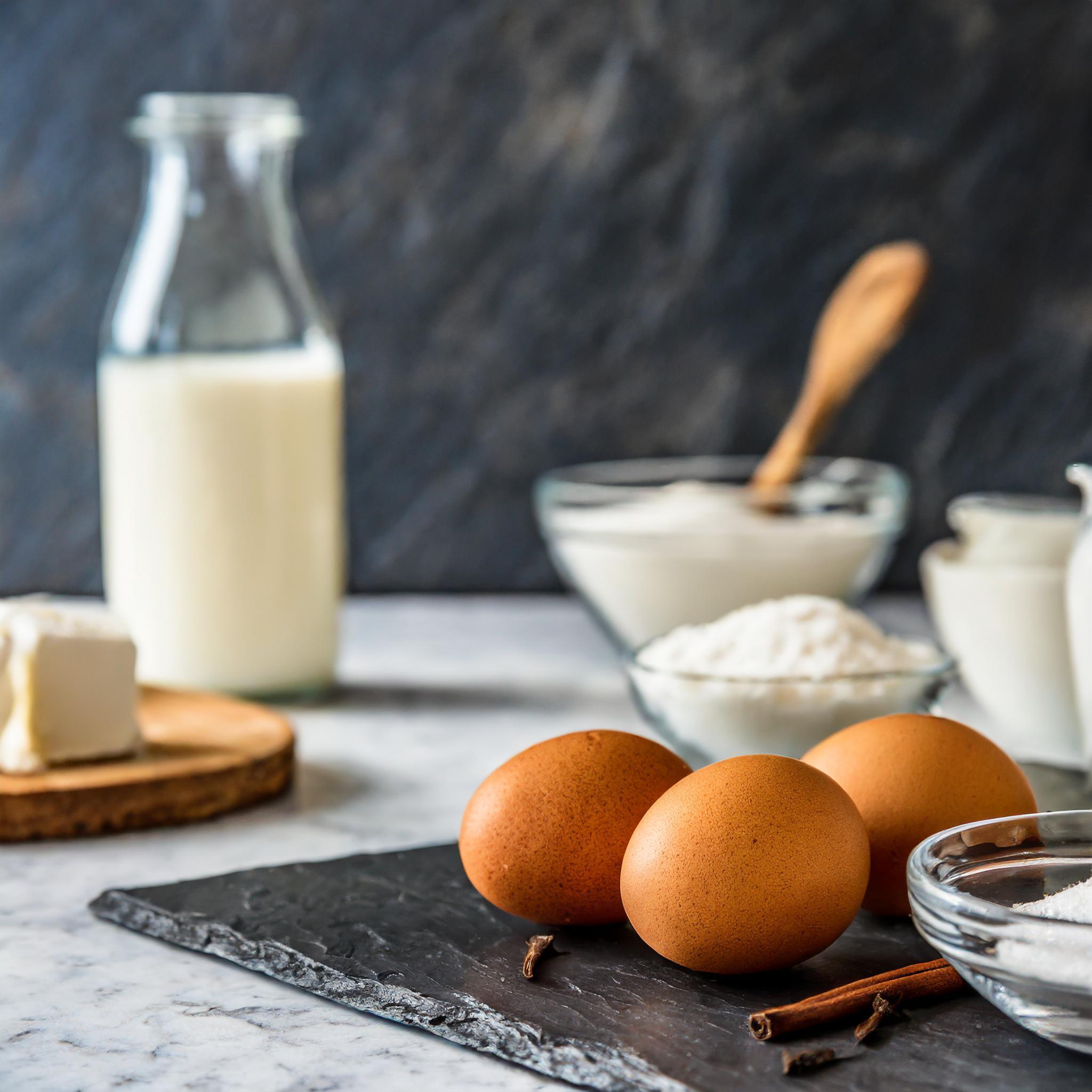 Frische Backzutaten auf einer weißen Marmorplatte: drei braune Eier und zwei Zimtstangen liegen auf einer schwarzen Schieferplatte. Im Hintergrund stehen eine Flasche Milch, eine Schale Butter, und mehrere Schalen mit Mehl und Zucker, alles arrangiert vor einer schwarzen, strukturierten Schieferwand.