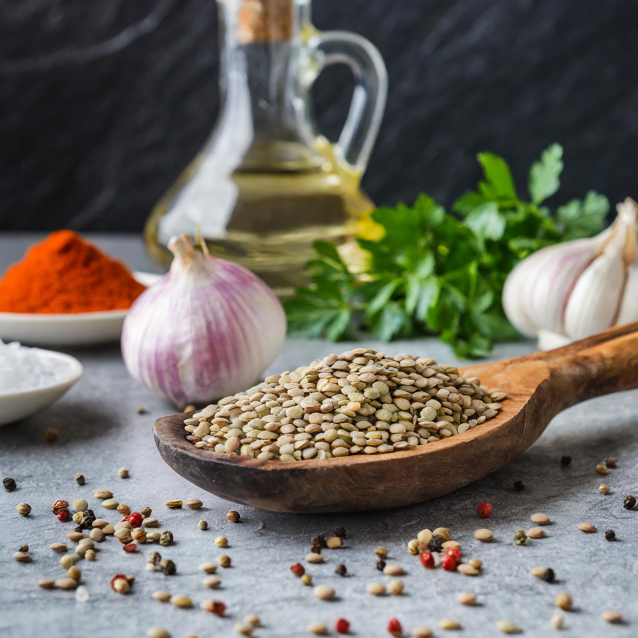 Ein Holzlöffel voller Linsen, umgeben von Gewürzen und Zutaten auf einer grauen Oberfläche: Pfefferkörner, grobes Salz, Paprikapulver, eine Knoblauchknolle, frische Petersilie und eine Glaskaraffe mit Olivenöl. Alles ist vor einer schwarzen, strukturierten Schieferwand arrangiert.