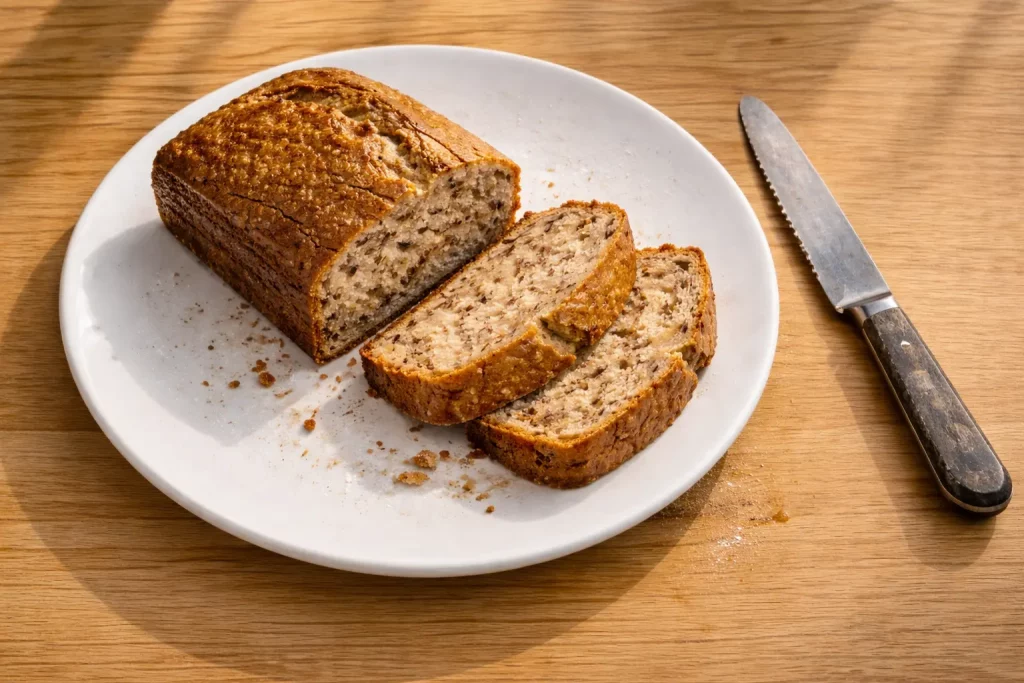 Aufgeschnittenes Bananenbrot auf einem weißen Teller