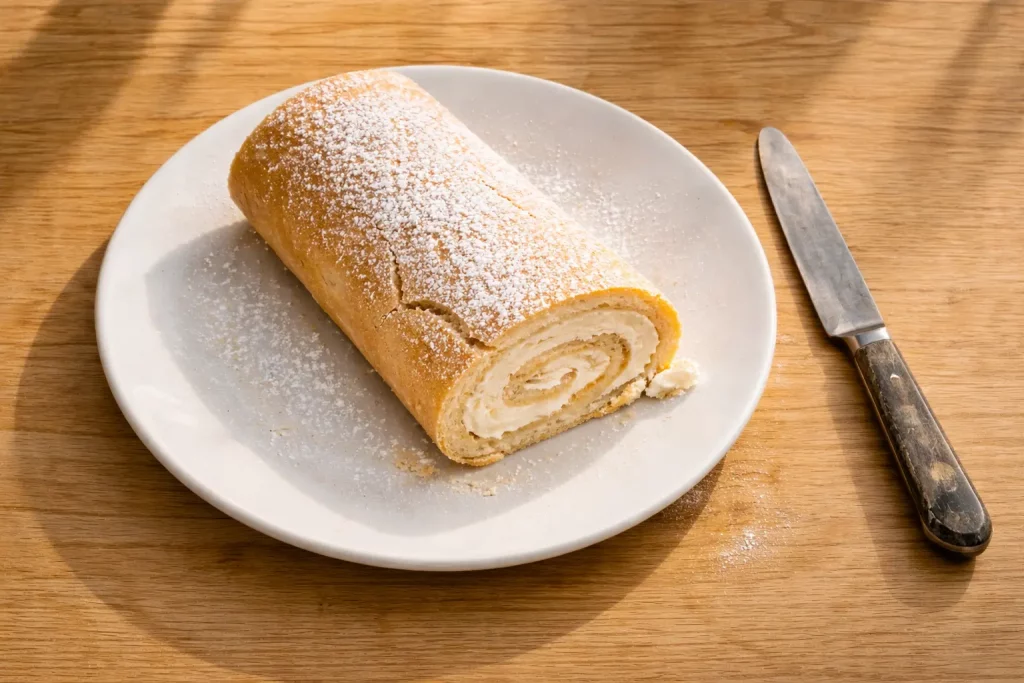 Biskuitrolle mit Sahnefüllung, mit Puderzucker bestäubt, auf einem weißen Teller