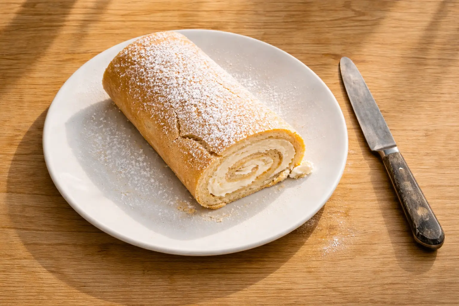 Biskuitrolle mit Sahnefüllung, mit Puderzucker bestäubt, auf einem weißen Teller