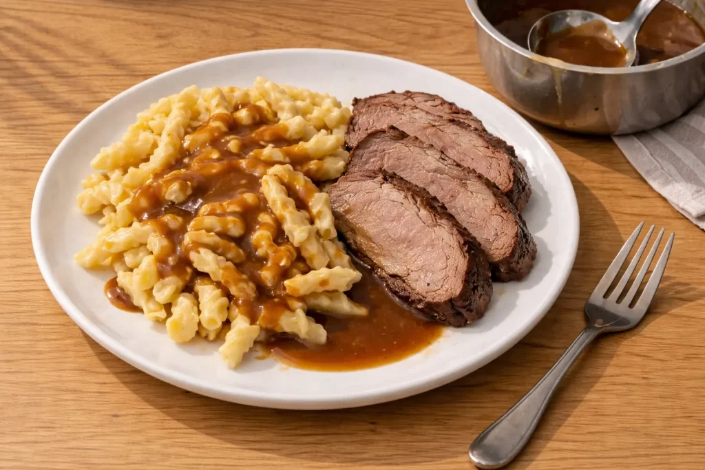 Rinderbraten mit Spätzle und Bratensauce auf einem weißen Teller