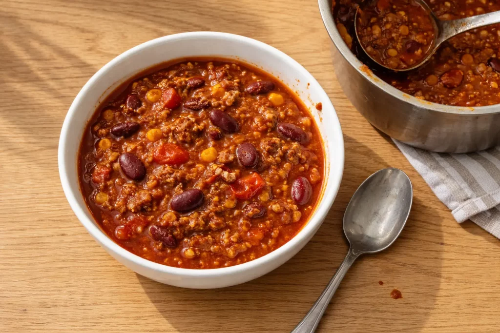 Chili con Carne mit Bohnen und Hackfleisch in einer Schüssel