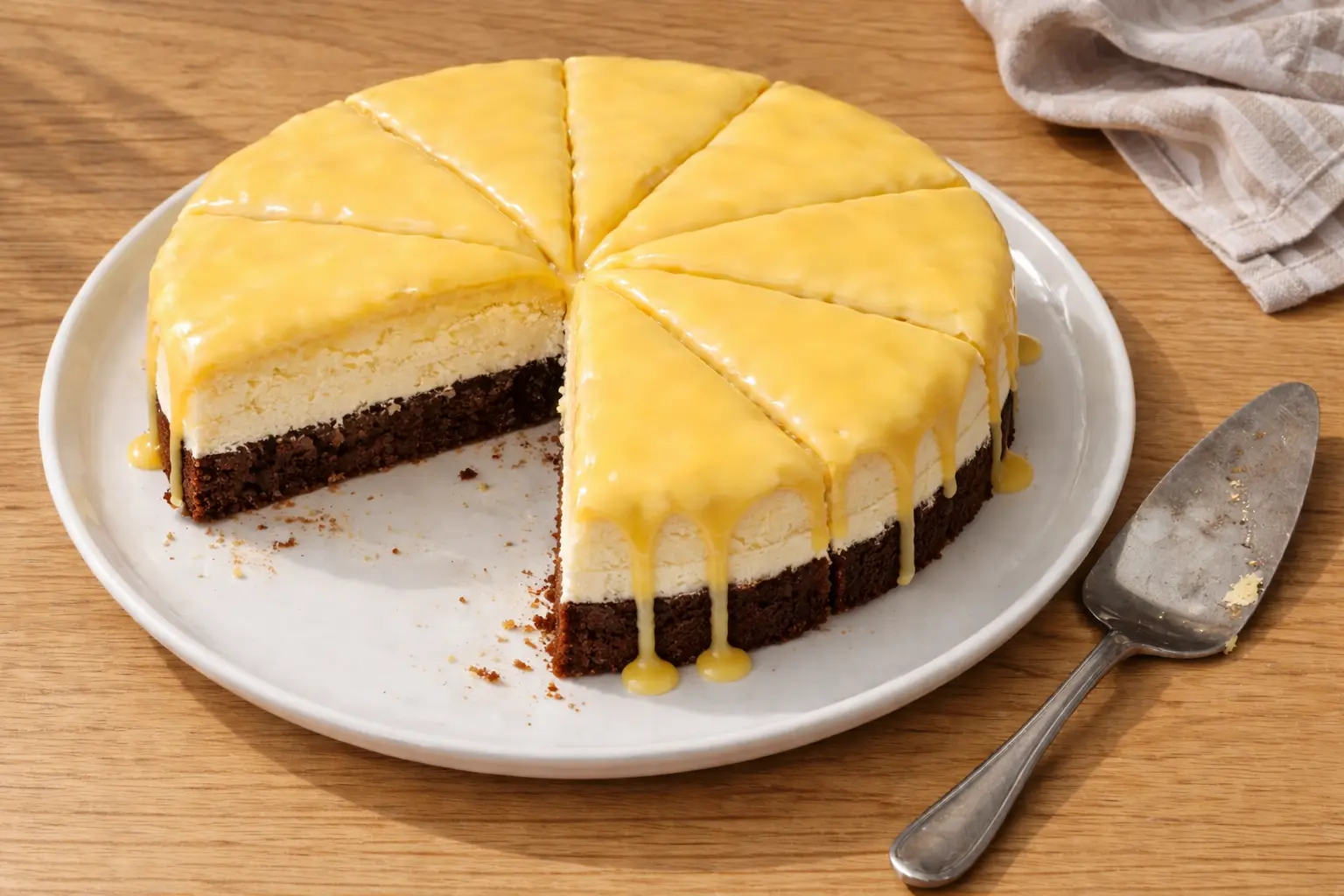 Torte mit Sahne und Eierlikör Guss auf dunklem Boden, in Stücke geschnitten