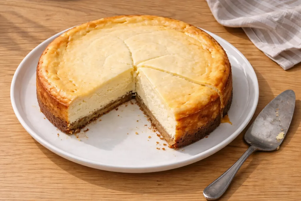 Klassischer Käsekuchen mit angeschnittenem Stück auf einem weißen Teller