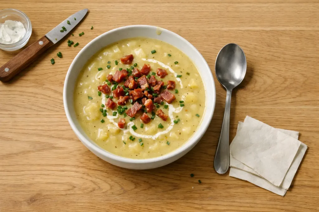 Cremige Kartoffelsuppe mit Speckwürfeln und Schnittlauch in einer Schüssel