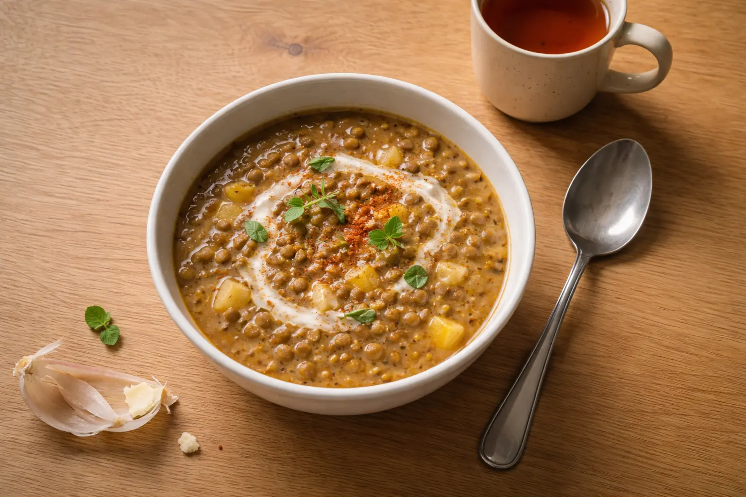 Linsensuppe mit Kartoffelstücken und einem Klecks Sahne in einer Schüssel