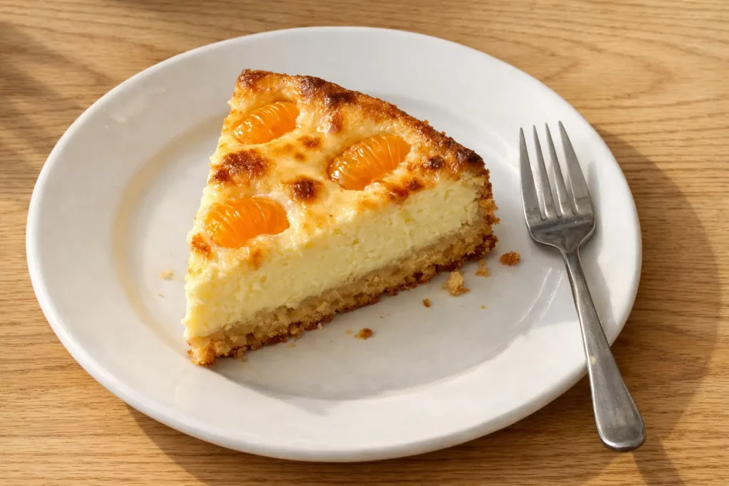 Stück Mandarinen-Schmandkuchen auf einem weißen Teller