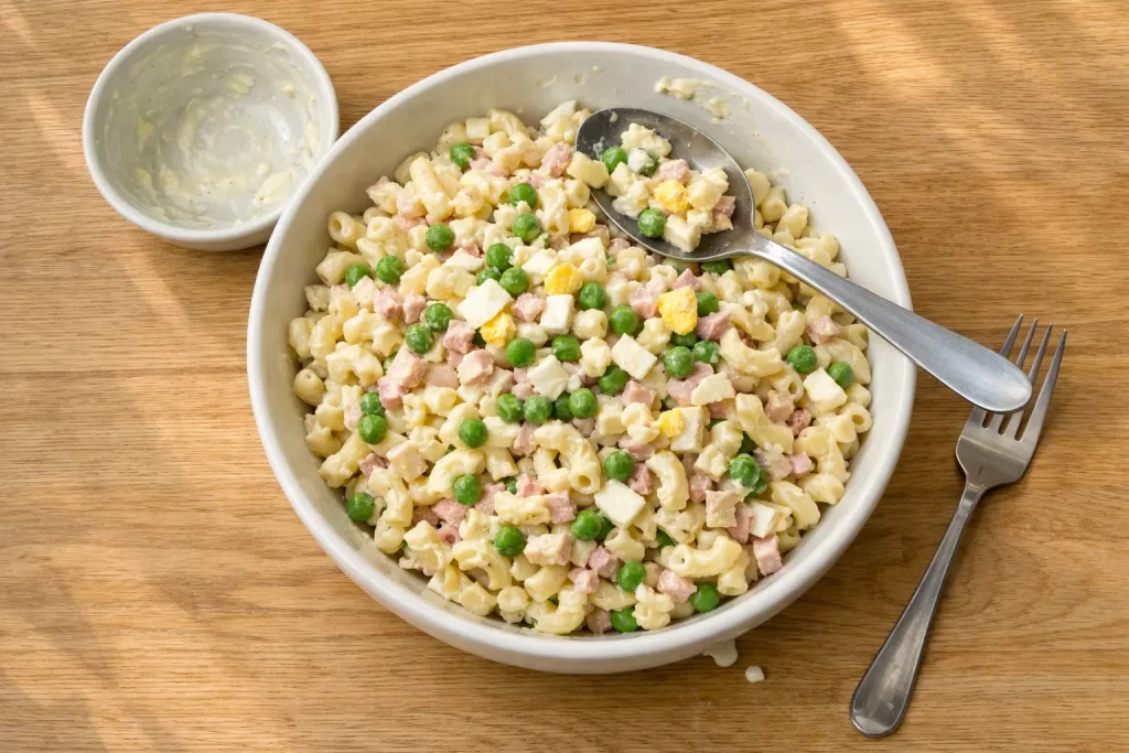 Nudelsalat mit Erbsen, Schinken und Ei in einer Schüssel