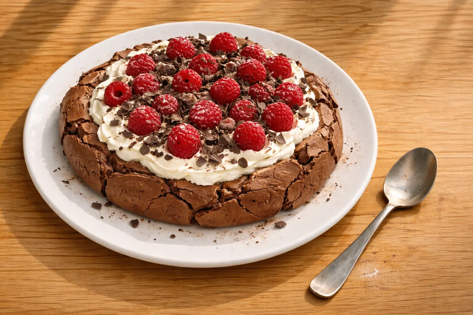 Schokoladenpavlova mit Sahne, Himbeeren und Schokoraspeln auf einem weißen Teller