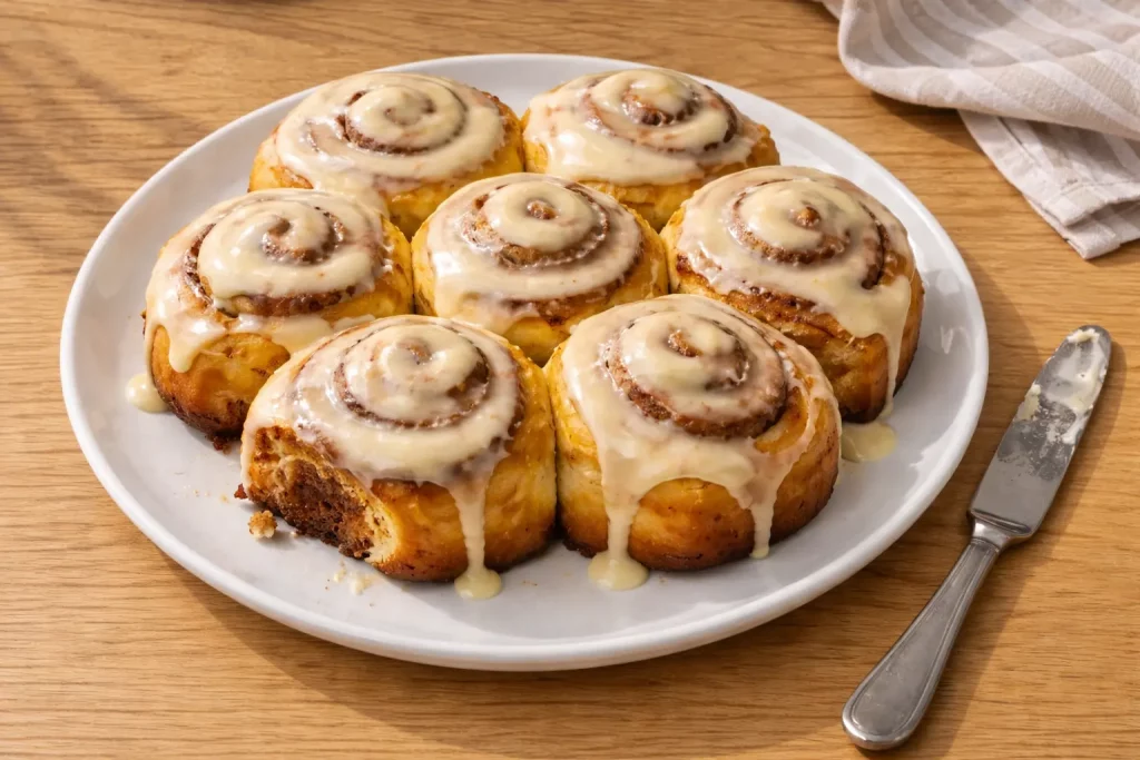 Zimtschnecken mit Zuckerguss auf einem weißen Teller