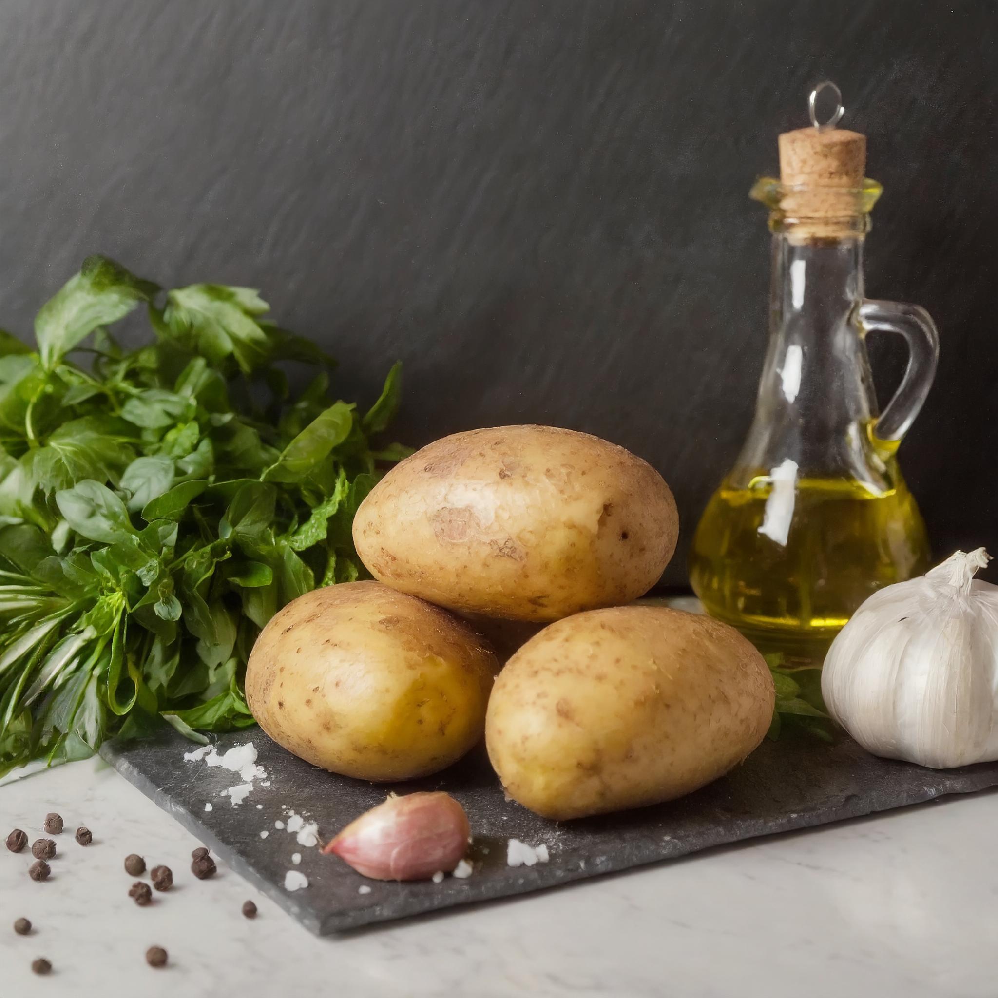 Drei große Kartoffeln auf einer schwarzen Schieferplatte, umgeben von frischen Kräutern, einem Glasfläschchen Olivenöl, und einer Knoblauchknolle. Im Hintergrund sind Pfefferkörner und grobes Salz verstreut. Der Untergrund ist eine weiße, marmorierte Fläche vor einer schwarzen, strukturierten Wand.
