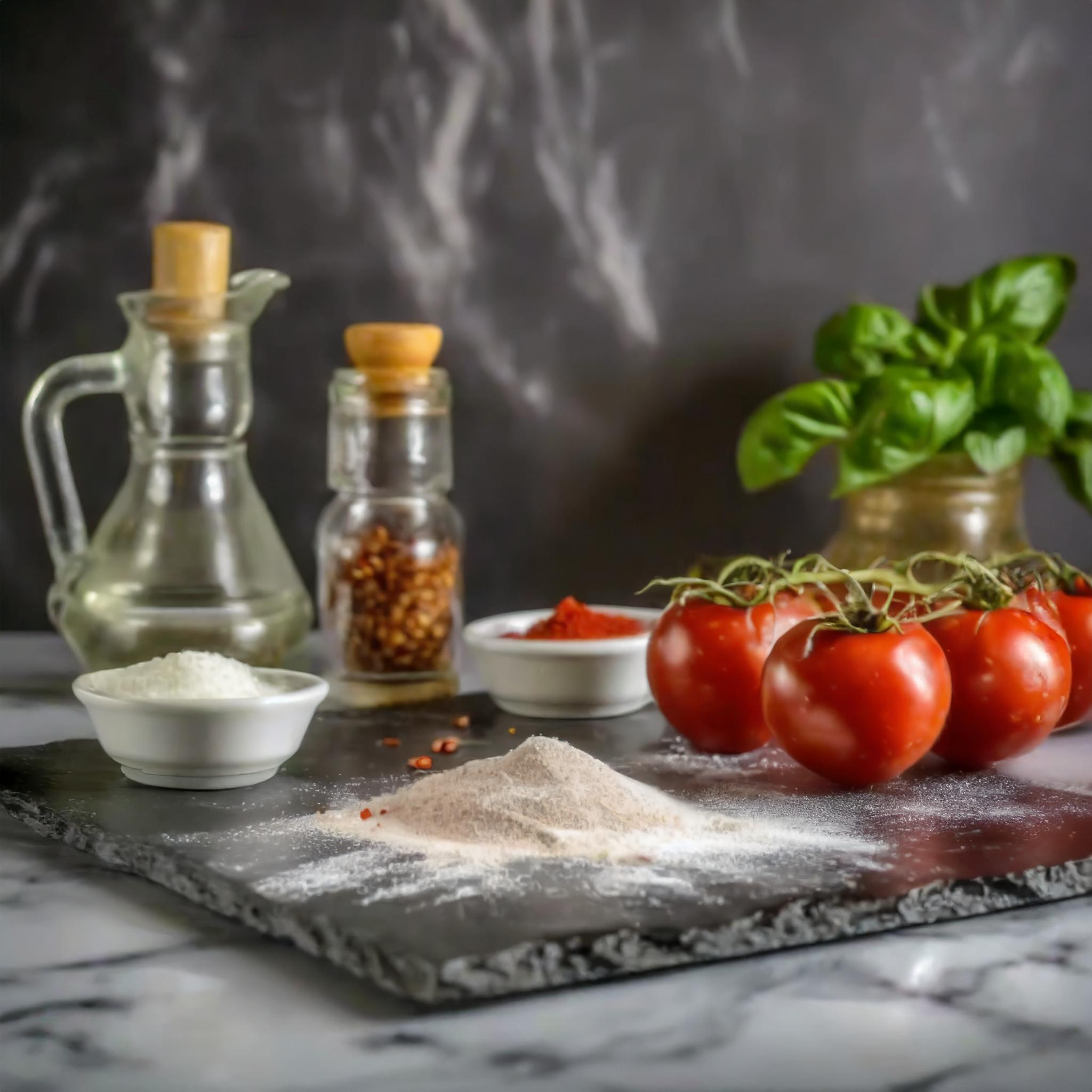 Frische rote Tomaten an der Ranke auf einer schwarzen Schieferplatte, daneben Mehl und Gewürze. Im Hintergrund stehen eine kleine Glaskaraffe mit Öl, ein Glas mit getrockneten Chiliflocken, eine Schale mit Paprikapulver und eine Schale mit Salz. Ein Topf frischer Basilikumblätter rundet das Arrangement ab, alles vor einer schwarzen, strukturierten Schieferwand auf einer weißen Marmorplatte platziert.