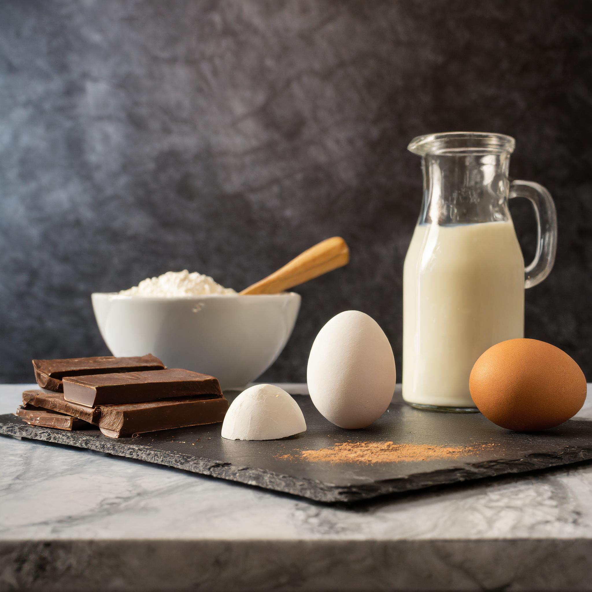 Ein Arrangement aus Backzutaten: mehrere Stücke Schokolade, zwei Eier (ein weißes und ein braunes), ein halbes Ei, etwas Kakaopulver, eine Schüssel Mehl mit einem Holzlöffel und eine Kanne Milch. Alles ist auf einer weißen Marmorplatte und einer schwarzen Schieferplatte vor einer schwarzen, strukturierten Schieferwand platziert.