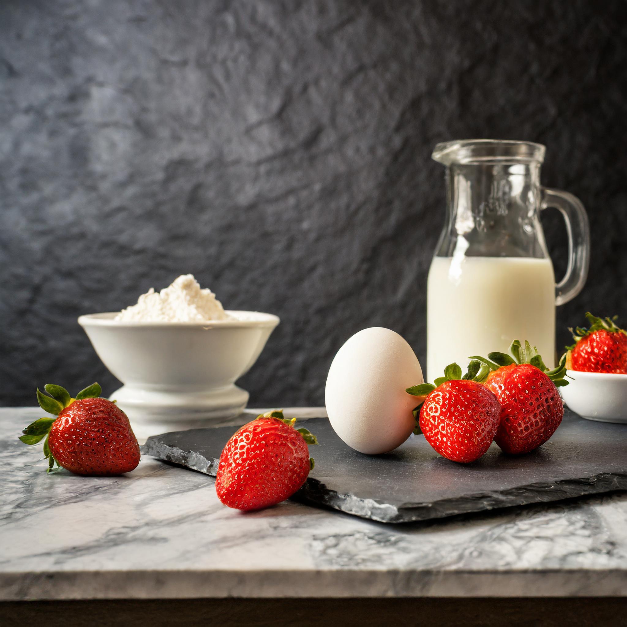 Frische Erdbeeren, ein weißes Ei, und eine Schale Mehl auf einer weißen Marmorplatte. Im Hintergrund steht eine gläserne Kanne mit Milch vor einer schwarzen, strukturierten Schieferwand. Die Zutaten sind kunstvoll auf einer schwarzen Schieferplatte arrangiert.