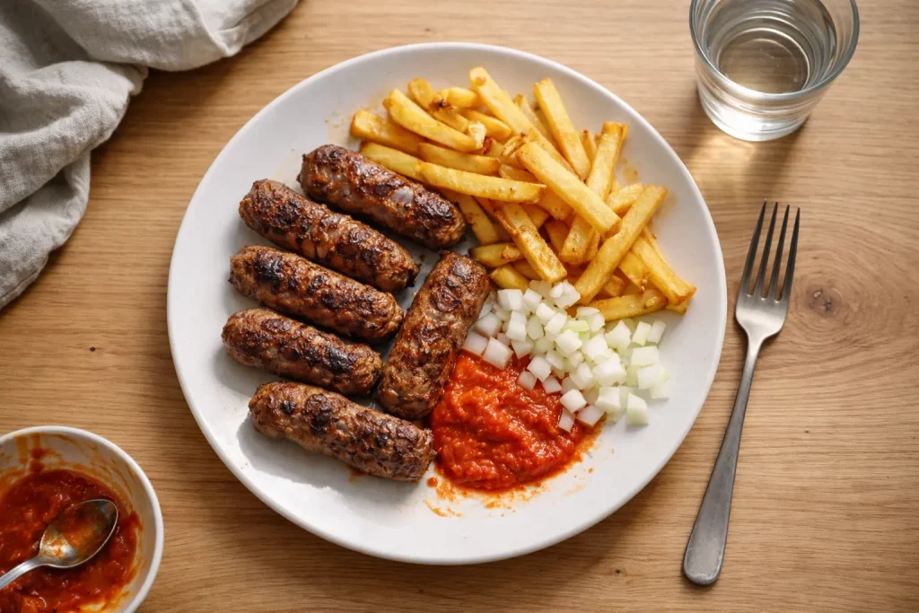 Gegrillte Cevapcici mit Pommes frites, gehackten Zwiebeln und Ajvar auf einem weißen Teller