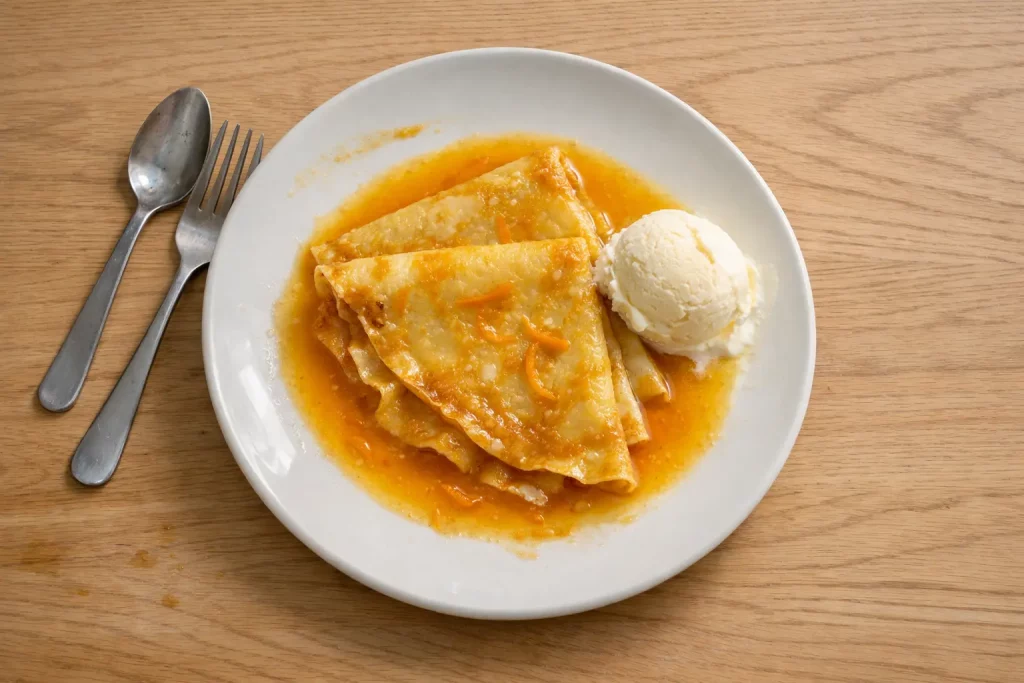 Crêpes in Orangensauce mit einer Kugel Vanilleeis auf einem weißen Teller